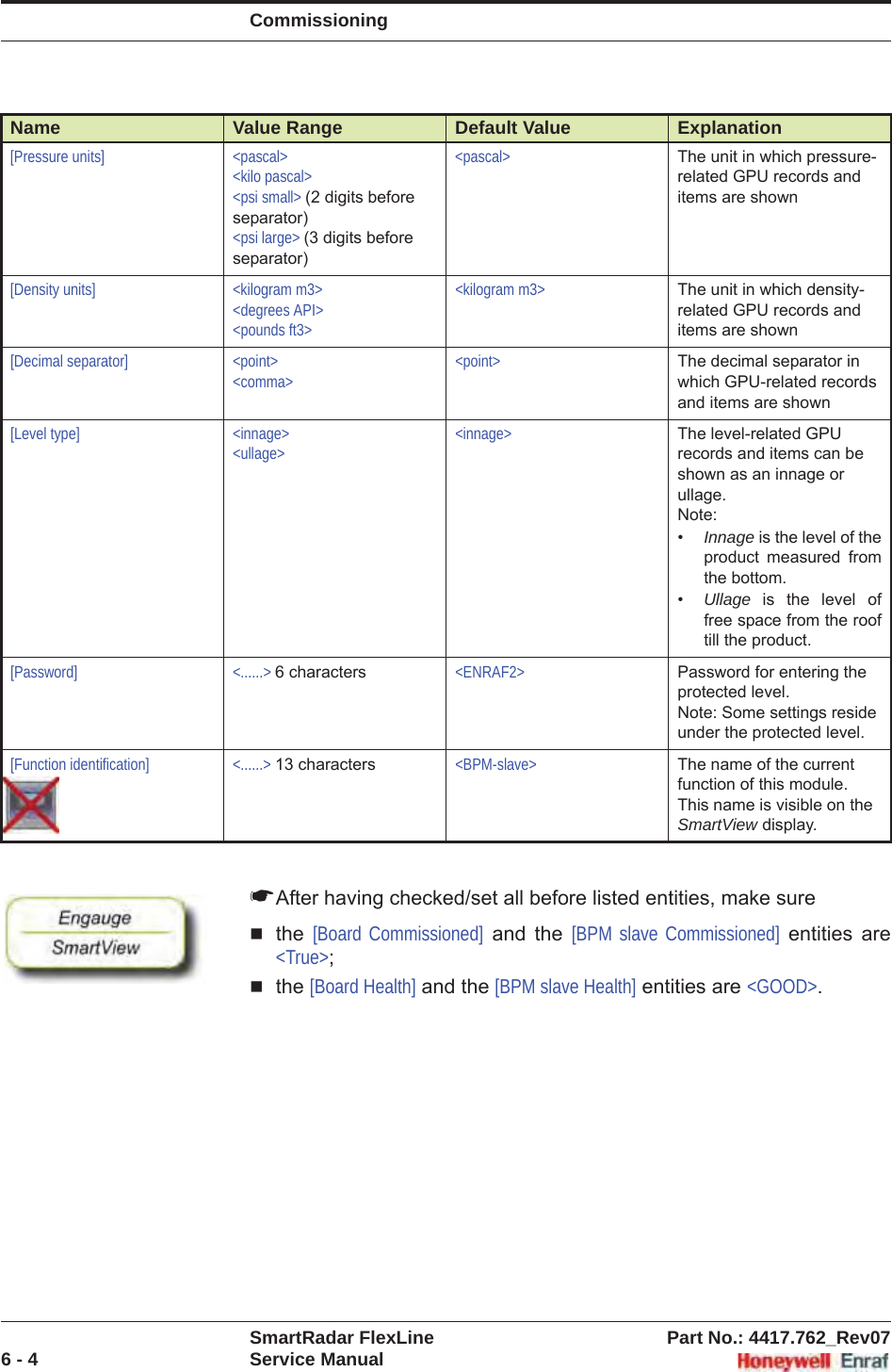 CommissioningSmartRadar FlexLine Part No.: 4417.762_Rev076 - 4 Service Manual☛After having checked/set all before listed entities, make surethe [Board Commissioned] and the [BPM slave Commissioned] entities are &lt;True&gt;;the [Board Health] and the [BPM slave Health] entities are &lt;GOOD&gt;.[Pressure units] &lt;pascal&gt;&lt;kilo pascal&gt;&lt;psi small&gt; (2 digits before separator)&lt;psi large&gt; (3 digits before separator)&lt;pascal&gt; The unit in which pressure-related GPU records and items are shown[Density units] &lt;kilogram m3&gt;&lt;degrees API&gt;&lt;pounds ft3&gt;&lt;kilogram m3&gt; The unit in which density-related GPU records and items are shown[Decimal separator] &lt;point&gt;&lt;comma&gt;&lt;point&gt; The decimal separator in which GPU-related records and items are shown[Level type] &lt;innage&gt;&lt;ullage&gt;&lt;innage&gt; The level-related GPU records and items can be shown as an innage or ullage.Note:•Innage is the level of the product measured from the bottom.•Ullage is the level of free space from the roof till the product.[Password] &lt;......&gt; 6 characters &lt;ENRAF2&gt; Password for entering the protected level.Note: Some settings reside under the protected level.[Function identification] &lt;......&gt; 13 characters &lt;BPM-slave&gt; The name of the current function of this module. This name is visible on the SmartView display.Name Value Range Default Value Explanation