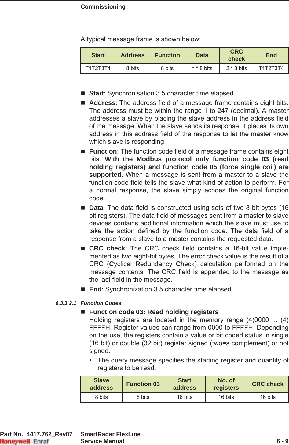 CommissioningPart No.: 4417.762_Rev07 SmartRadar FlexLineService Manual 6 - 9A typical message frame is shown below:Start: Synchronisation 3.5 character time elapsed.Address: The address field of a message frame contains eight bits. The address must be within the range 1 to 247 (decimal). A master addresses a slave by placing the slave address in the address field of the message. When the slave sends its response, it places its own address in this address field of the response to let the master know which slave is responding.Function: The function code field of a message frame contains eight bits.  With the Modbus protocol only function code 03 (read holding registers) and function code 05 (force single coil) are supported. When a message is sent from a master to a slave the function code field tells the slave what kind of action to perform. For a normal response, the slave simply echoes the original function code.Data: The data field is constructed using sets of two 8 bit bytes (16 bit registers). The data field of messages sent from a master to slave devices contains additional information which the slave must use to take the action defined by the function code. The data field of a response from a slave to a master contains the requested data.CRC check: The CRC check field contains a 16-bit value imple-mented as two eight-bit bytes. The error check value is the result of a CRC (Cyclical  Redundancy  Check) calculation performed on the message contents. The CRC field is appended to the message as the last field in the message.End: Synchronization 3.5 character time elapsed.6.3.3.2.1 Function CodesFunction code 03: Read holding registersHolding registers are located in the memory range (4)0000 ... (4) FFFFH. Register values can range from 0000 to FFFFH. Depending on the use, the registers contain a value or bit coded status in single (16 bit) or double (32 bit) register signed (two=s complement) or not signed.• The query message specifies the starting register and quantity of registers to be read:Start Address Function Data CRC check EndT1T2T3T4 8 bits 8 bits n * 8 bits 2 * 8 bits T1T2T3T4Slave address Function 03 Start address No. of registers CRC check8 bits 8 bits 16 bits 16 bits 16 bits