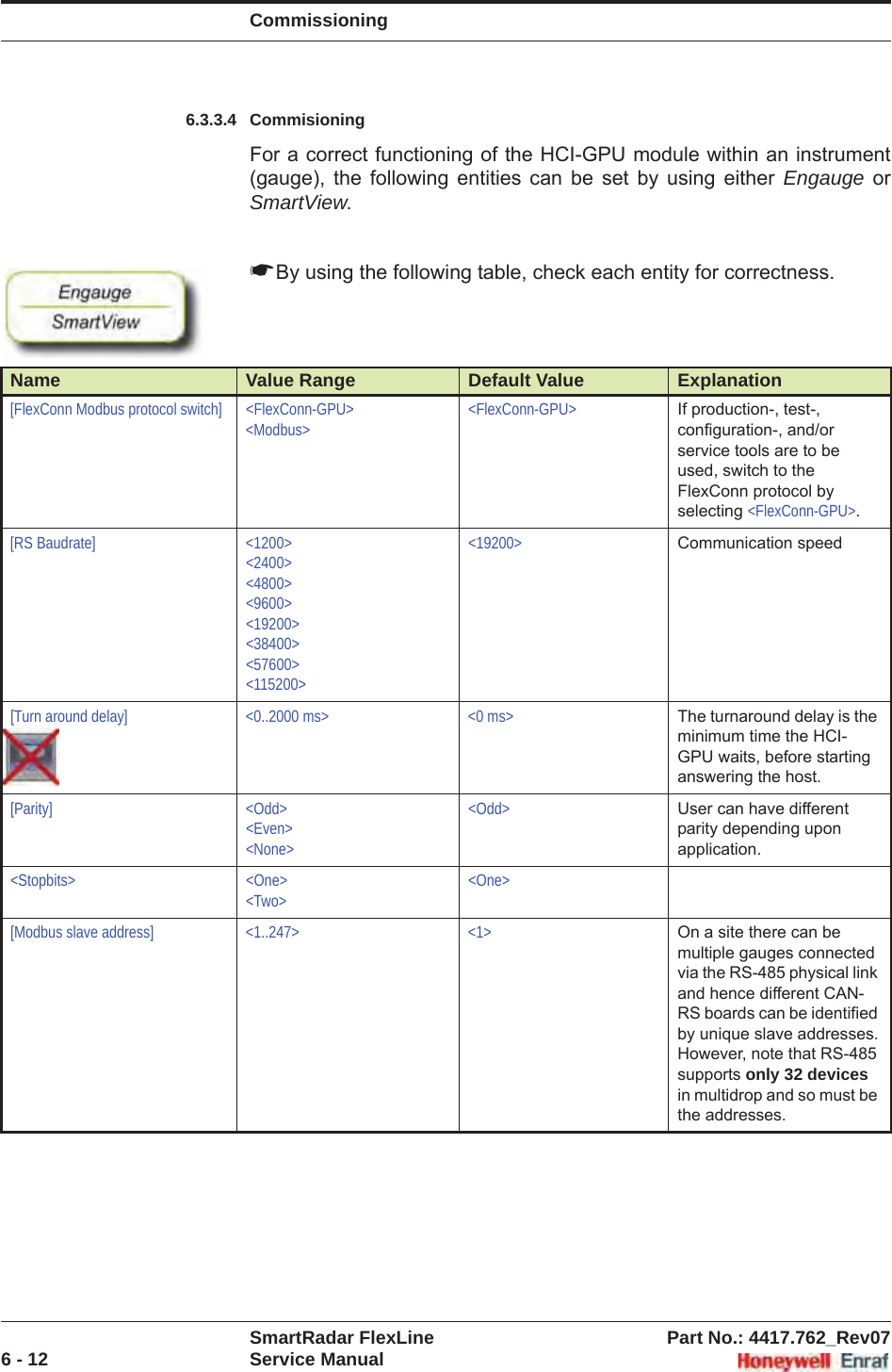 CommissioningSmartRadar FlexLine Part No.: 4417.762_Rev076 - 12 Service Manual6.3.3.4 CommisioningFor a correct functioning of the HCI-GPU module within an instrument (gauge), the following entities can be set by using either Engauge or SmartView.☛By using the following table, check each entity for correctness.Name Value Range Default Value Explanation[FlexConn Modbus protocol switch] &lt;FlexConn-GPU&gt;&lt;Modbus&gt;&lt;FlexConn-GPU&gt; If production-, test-, configuration-, and/or service tools are to be used, switch to the FlexConn protocol by selecting &lt;FlexConn-GPU&gt;.[RS Baudrate] &lt;1200&gt;&lt;2400&gt;&lt;4800&gt;&lt;9600&gt;&lt;19200&gt;&lt;38400&gt;&lt;57600&gt;&lt;115200&gt;&lt;19200&gt; Communication speed[Turn around delay] &lt;0..2000 ms&gt; &lt;0 ms&gt; The turnaround delay is the minimum time the HCI-GPU waits, before starting answering the host.[Parity] &lt;Odd&gt;&lt;Even&gt;&lt;None&gt;&lt;Odd&gt; User can have different parity depending upon application.&lt;Stopbits&gt; &lt;One&gt;&lt;Two&gt;&lt;One&gt;[Modbus slave address] &lt;1..247&gt; &lt;1&gt; On a site there can be multiple gauges connected via the RS-485 physical link and hence different CAN- RS boards can be identified by unique slave addresses.However, note that RS-485 supports only 32 devicesin multidrop and so must be the addresses.