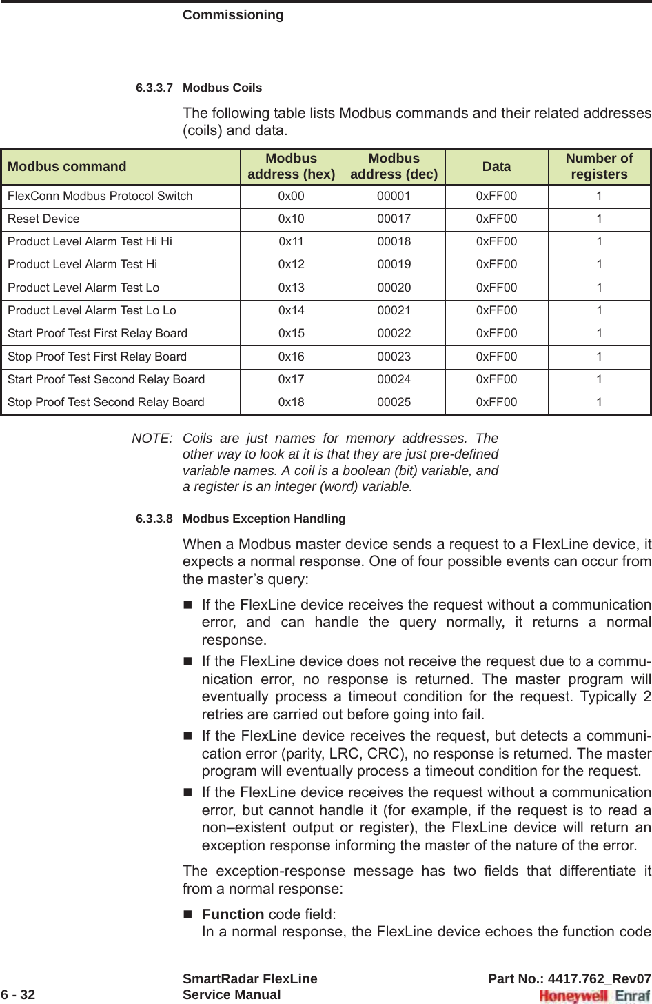 CommissioningSmartRadar FlexLine Part No.: 4417.762_Rev076 - 32 Service Manual6.3.3.7 Modbus CoilsThe following table lists Modbus commands and their related addresses (coils) and data.NOTE: Coils are just names for memory addresses. The other way to look at it is that they are just pre-defined variable names. A coil is a boolean (bit) variable, and a register is an integer (word) variable.6.3.3.8 Modbus Exception HandlingWhen a Modbus master device sends a request to a FlexLine device, it expects a normal response. One of four possible events can occur from the master’s query:If the FlexLine device receives the request without a communication error, and can handle the query normally, it returns a normal response.If the FlexLine device does not receive the request due to a commu-nication error, no response is returned. The master program will eventually process a timeout condition for the request. Typically 2 retries are carried out before going into fail.If the FlexLine device receives the request, but detects a communi-cation error (parity, LRC, CRC), no response is returned. The master program will eventually process a timeout condition for the request.If the FlexLine device receives the request without a communication error, but cannot handle it (for example, if the request is to read a non–existent output or register), the FlexLine device will return an exception response informing the master of the nature of the error.The exception-response message has two fields that differentiate it from a normal response:Function code field:In a normal response, the FlexLine device echoes the function code Modbus command Modbus address (hex) Modbus address (dec) Data Number of registersFlexConn Modbus Protocol Switch 0x00 00001 0xFF00 1Reset Device 0x10 00017 0xFF00 1Product Level Alarm Test Hi Hi 0x11 00018 0xFF00 1Product Level Alarm Test Hi  0x12 00019 0xFF00 1Product Level Alarm Test Lo  0x13 00020 0xFF00 1Product Level Alarm Test Lo Lo 0x14 00021 0xFF00 1Start Proof Test First Relay Board 0x15 00022 0xFF00 1Stop Proof Test First Relay Board 0x16 00023 0xFF00 1Start Proof Test Second Relay Board 0x17 00024 0xFF00 1Stop Proof Test Second Relay Board 0x18 00025 0xFF00 1