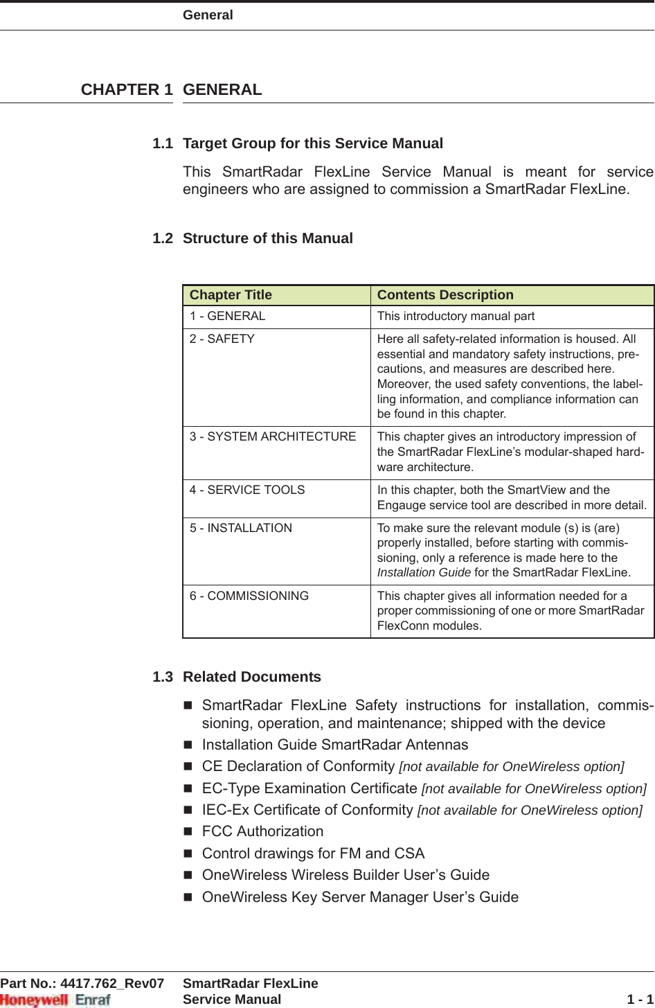 GeneralPart No.: 4417.762_Rev07 SmartRadar FlexLineService Manual 1 - 1CHAPTER 1 GENERAL1.1 Target Group for this Service ManualThis SmartRadar FlexLine Service Manual is meant for service engineers who are assigned to commission a SmartRadar FlexLine.1.2 Structure of this Manual1.3 Related DocumentsSmartRadar FlexLine Safety instructions for installation, commis-sioning, operation, and maintenance; shipped with the deviceInstallation Guide SmartRadar AntennasCE Declaration of Conformity [not available for OneWireless option]EC-Type Examination Certificate [not available for OneWireless option]IEC-Ex Certificate of Conformity [not available for OneWireless option]FCC AuthorizationControl drawings for FM and CSAOneWireless Wireless Builder User’s GuideOneWireless Key Server Manager User’s GuideChapter Title Contents Description1 - GENERAL This introductory manual part2 - SAFETY Here all safety-related information is housed. All essential and mandatory safety instructions, pre-cautions, and measures are described here. Moreover, the used safety conventions, the label-ling information, and compliance information can be found in this chapter.3 - SYSTEM ARCHITECTURE This chapter gives an introductory impression of the SmartRadar FlexLine’s modular-shaped hard-ware architecture.4 - SERVICE TOOLS In this chapter, both the SmartView and the Engauge service tool are described in more detail.5 - INSTALLATION To make sure the relevant module (s) is (are) properly installed, before starting with commis-sioning, only a reference is made here to the Installation Guide for the SmartRadar FlexLine.6 - COMMISSIONING This chapter gives all information needed for a proper commissioning of one or more SmartRadar FlexConn modules.