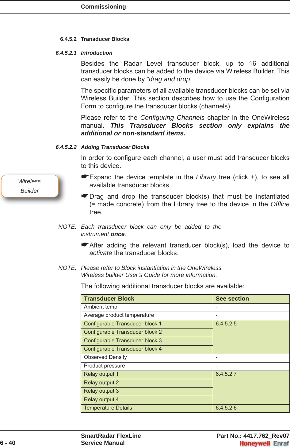 CommissioningSmartRadar FlexLine Part No.: 4417.762_Rev076 - 40 Service Manual6.4.5.2 Transducer Blocks6.4.5.2.1 IntroductionBesides the Radar Level transducer block, up to 16 additional transducer blocks can be added to the device via Wireless Builder. This can easily be done by “drag and drop”.The specific parameters of all available transducer blocks can be set via Wireless Builder. This section describes how to use the Configuration Form to configure the transducer blocks (channels).Please refer to the Configuring Channels chapter in the OneWireless manual. This Transducer Blocks section only explains the additional or non-standard items.6.4.5.2.2 Adding Transducer BlocksIn order to configure each channel, a user must add transducer blocks to this device.☛Expand the device template in the Library tree (click +), to see all available transducer blocks.☛Drag and drop the transducer block(s) that must be instantiated (= made concrete) from the Library tree to the device in the Offlinetree.NOTE: Each transducer block can only be added to the instrument once.☛After adding the relevant transducer block(s), load the device to activate the transducer blocks. NOTE: Please refer to Block instantiation in the OneWireless Wireless builder User’s Guide for more information.The following additional transducer blocks are available:Transducer Block See sectionAmbient temp -Average product temperature -Configurable Transducer block 1 6.4.5.2.5Configurable Transducer block 2Configurable Transducer block 3Configurable Transducer block 4Observed Density -Product pressure -Relay output 1 6.4.5.2.7Relay output 2Relay output 3Relay output 4Temperature Details 6.4.5.2.6WirelessBuilder