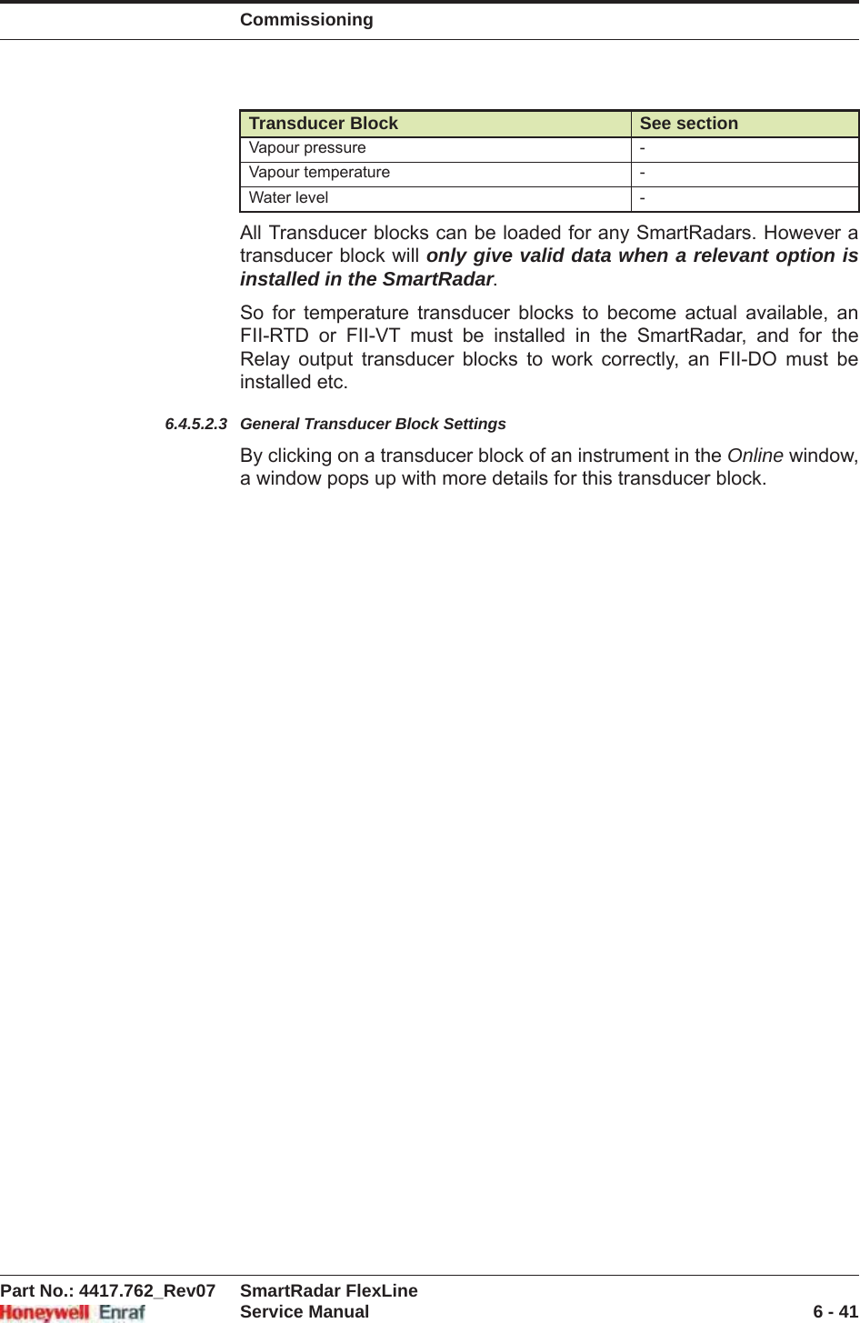 CommissioningPart No.: 4417.762_Rev07 SmartRadar FlexLineService Manual 6 - 41All Transducer blocks can be loaded for any SmartRadars. However a transducer block will only give valid data when a relevant option is installed in the SmartRadar.So for temperature transducer blocks to become actual available, an FII-RTD or FII-VT must be installed in the SmartRadar, and for the Relay output transducer blocks to work correctly, an FII-DO must be installed etc.6.4.5.2.3 General Transducer Block SettingsBy clicking on a transducer block of an instrument in the Online window, a window pops up with more details for this transducer block. Vapour pressure -Vapour temperature -Water level -Transducer Block See section