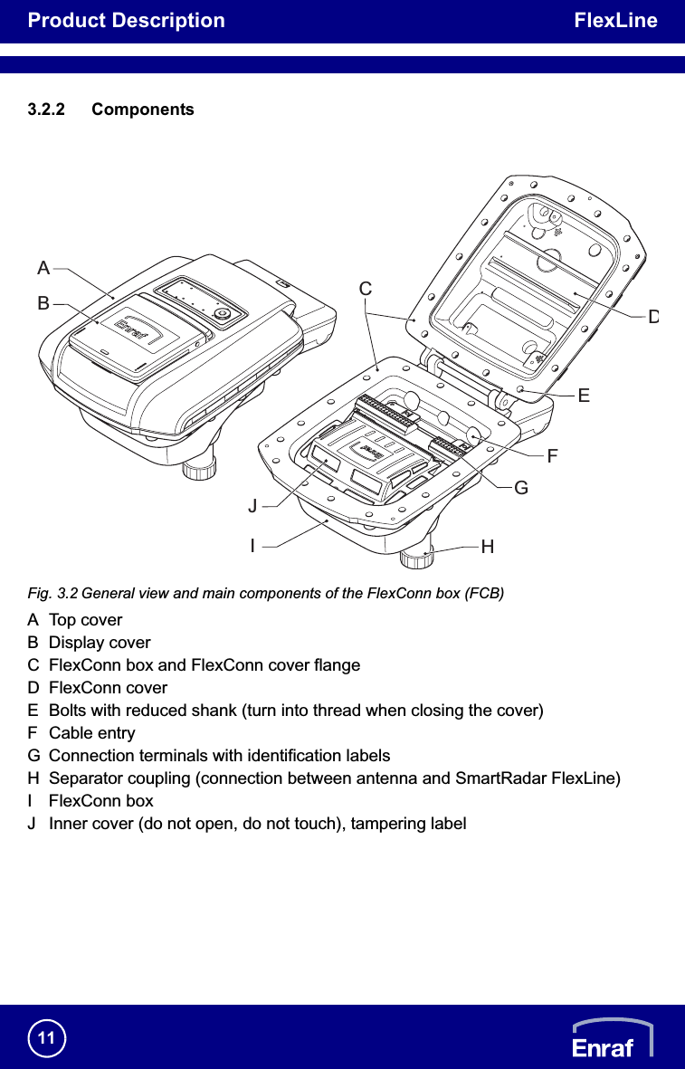 Product Description FlexLine113.2.2 ComponentsFig. 3.2 General view and main components of the FlexConn box (FCB)A Top coverB Display coverC FlexConn box and FlexConn cover flange D FlexConn coverE Bolts with reduced shank (turn into thread when closing the cover)F Cable entryG Connection terminals with identification labelsH Separator coupling (connection between antenna and SmartRadar FlexLine)I FlexConn boxJ Inner cover (do not open, do not touch), tampering labelACEDFGHBJI