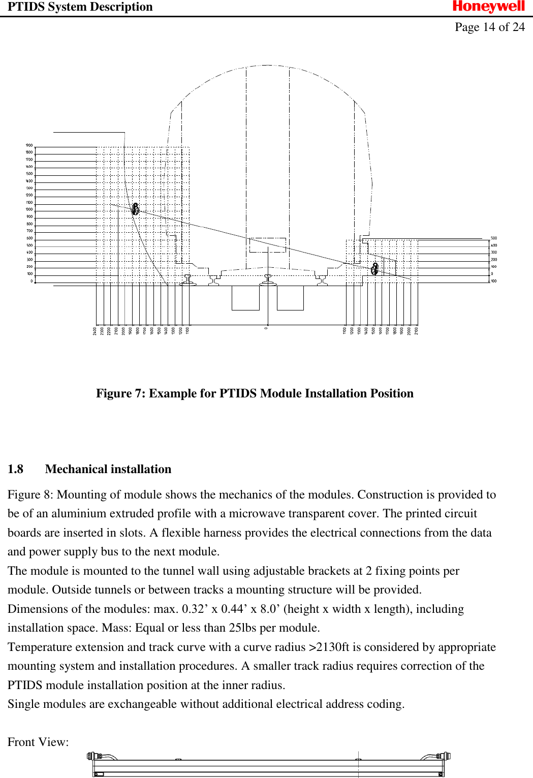 PTIDS System Description  Honeywell   Page 14 of 24     Figure 7: Example for PTIDS Module Installation Position   1.8 Mechanical installation Figure 8: Mounting of module shows the mechanics of the modules. Construction is provided to be of an aluminium extruded profile with a microwave transparent cover. The printed circuit boards are inserted in slots. A flexible harness provides the electrical connections from the data and power supply bus to the next module. The module is mounted to the tunnel wall using adjustable brackets at 2 fixing points per module. Outside tunnels or between tracks a mounting structure will be provided. Dimensions of the modules: max. 0.32&rsquo; x 0.44&rsquo; x 8.0&rsquo; (height x width x length), including installation space. Mass: Equal or less than 25lbs per module. Temperature extension and track curve with a curve radius >2130ft is considered by appropriate mounting system and installation procedures. A smaller track radius requires correction of the PTIDS module installation position at the inner radius. Single modules are exchangeable without additional electrical address coding.   Front View:   