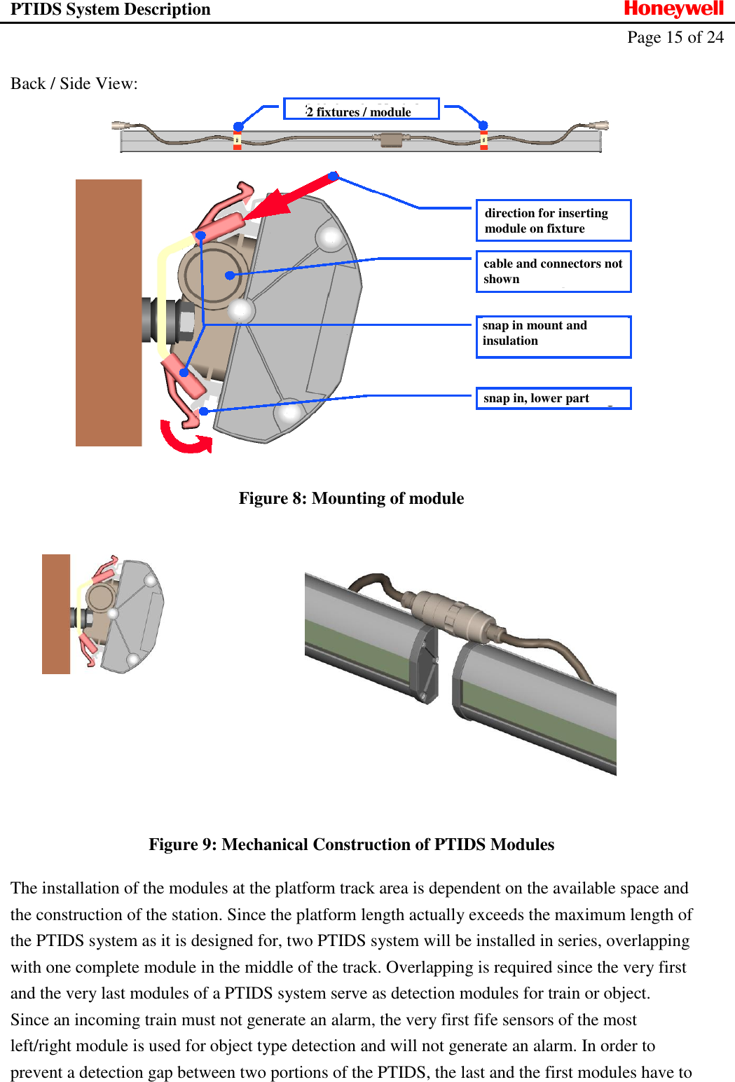 PTIDS System Description  Honeywell   Page 15 of 24   Back / Side View:   Figure 8: Mounting of module    Figure 9: Mechanical Construction of PTIDS Modules The installation of the modules at the platform track area is dependent on the available space and the construction of the station. Since the platform length actually exceeds the maximum length of the PTIDS system as it is designed for, two PTIDS system will be installed in series, overlapping with one complete module in the middle of the track. Overlapping is required since the very first and the very last modules of a PTIDS system serve as detection modules for train or object. Since an incoming train must not generate an alarm, the very first fife sensors of the most left/right module is used for object type detection and will not generate an alarm. In order to prevent a detection gap between two portions of the PTIDS, the last and the first modules have to 2 fixtures / module direction for inserting module on fixture cable and connectors not shown snap in mount and insulation snap in, lower part 