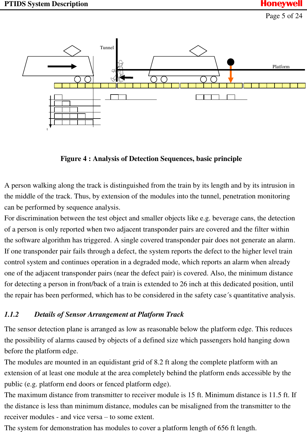 PTIDS System Description  Honeywell   Page 5 of 24        Figure 4 : Analysis of Detection Sequences, basic principle  A person walking along the track is distinguished from the train by its length and by its intrusion in the middle of the track. Thus, by extension of the modules into the tunnel, penetration monitoring can be performed by sequence analysis.  For discrimination between the test object and smaller objects like e.g. beverage cans, the detection of a person is only reported when two adjacent transponder pairs are covered and the filter within the software algorithm has triggered. A single covered transponder pair does not generate an alarm. If one transponder pair fails through a defect, the system reports the defect to the higher level train control system and continues operation in a degraded mode, which reports an alarm when already one of the adjacent transponder pairs (near the defect pair) is covered. Also, the minimum distance for detecting a person in front/back of a train is extended to 26 inch at this dedicated position, until the repair has been performed, which has to be considered in the safety case&acute;s quantitative analysis. 1.1.2 Details of Sensor Arrangement at Platform Track The sensor detection plane is arranged as low as reasonable below the platform edge. This reduces the possibility of alarms caused by objects of a defined size which passengers hold hanging down before the platform edge. The modules are mounted in an equidistant grid of 8.2 ft along the complete platform with an extension of at least one module at the area completely behind the platform ends accessible by the public (e.g. platform end doors or fenced platform edge).  The maximum distance from transmitter to receiver module is 15 ft. Minimum distance is 11.5 ft. If the distance is less than minimum distance, modules can be misaligned from the transmitter to the receiver modules - and vice versa &ndash; to some extent. The system for demonstration has modules to cover a platform length of 656 ft length.  t Platform Tunnel 