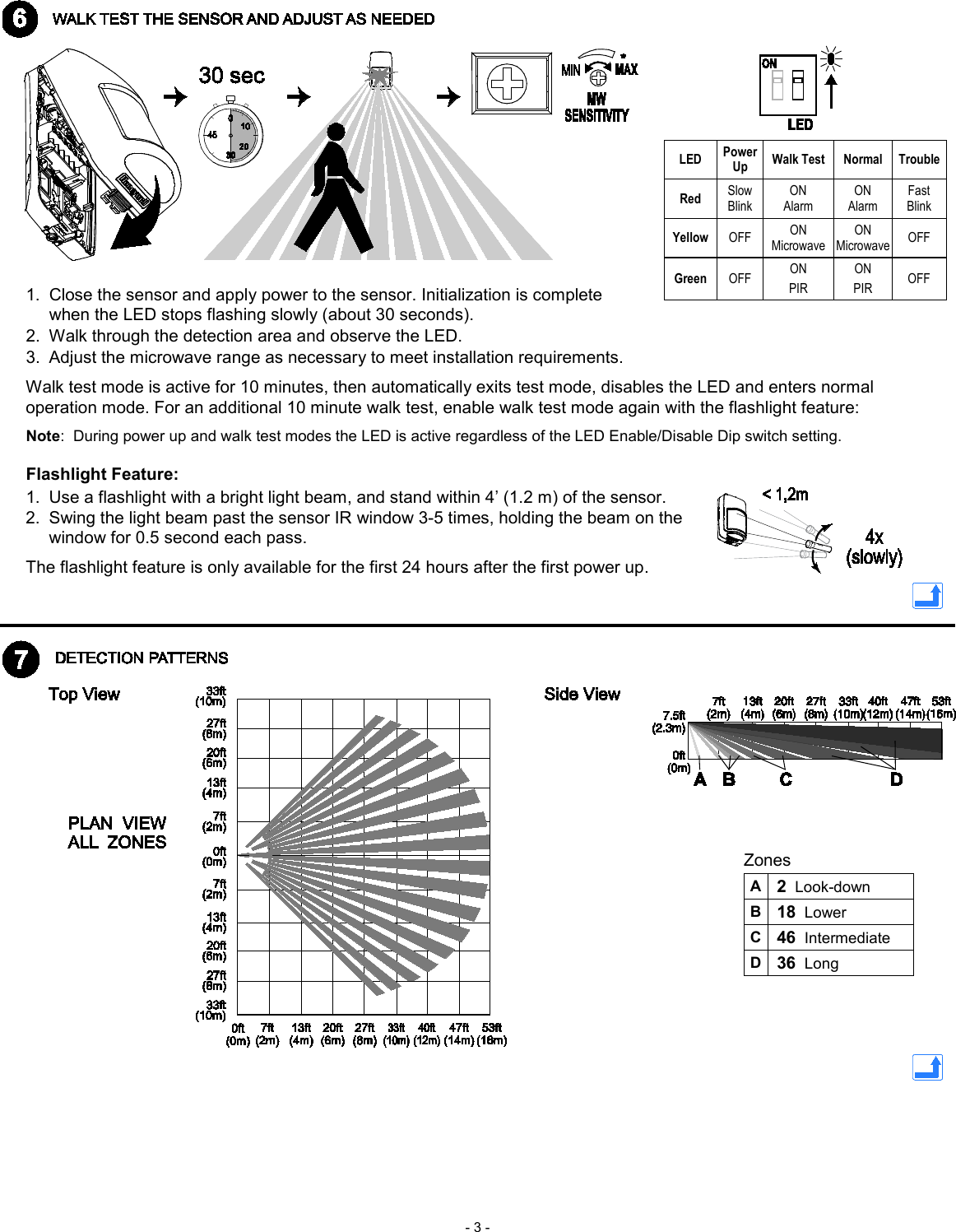  - 3 -                         LED Power Up Walk Test Normal Trouble Red Slow  Blink ON  Alarm ON  Alarm Fast  Blink Yellow OFF ON  Microwave ON  Microwave OFF Green OFF ON  PIR ON  PIR OFF  Zones  A 2  Look-down  B 18  Lower  C 46  Intermediate  D 36  Long    1. Close the sensor and apply power to the sensor. Initialization is complete  when the LED stops flashing slowly (about 30 seconds). 2. Walk through the detection area and observe the LED. 3. Adjust the microwave range as necessary to meet installation requirements. Walk test mode is active for 10 minutes, then automatically exits test mode, disables the LED and enters normal operation mode. For an additional 10 minute walk test, enable walk test mode again with the flashlight feature: Note:  During power up and walk test modes the LED is active regardless of the LED Enable/Disable Dip switch setting.  Flashlight Feature: 1. Use a flashlight with a bright light beam, and stand within 4’ (1.2 m) of the sensor. 2. Swing the light beam past the sensor IR window 3-5 times, holding the beam on the  window for 0.5 second each pass. The flashlight feature is only available for the first 24 hours after the first power up.  