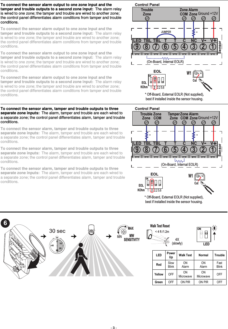 - 3 -  To connect the sensor alarm output to one zone input and the tamper and trouble outputs to a second zone input:  The alarm relay is wired to one zone; the tamper and trouble are wired to another zone; the control panel differentiates alarm conditions from tamper and trouble conditions. To connect the sensor alarm output to one zone input and the tamper and trouble outputs to a second zone input:  The alarm relay is wired to one zone; the tamper and trouble are wired to another zone; the control panel differentiates alarm conditions from tamper and trouble conditions. To connect the sensor alarm output to one zone input and the tamper and trouble outputs to a second zone input:  The alarm relay is wired to one zone; the tamper and trouble are wired to another zone; the control panel differentiates alarm conditions from tamper and trouble conditions. To connect the sensor alarm output to one zone input and the tamper and trouble outputs to a second zone input:  The alarm relay is wired to one zone; the tamper and trouble are wired to another zone; the control panel differentiates alarm conditions from tamper and trouble conditions. * ZoneCOM Ground +12VControl PanelTroubleZoneAlarmZoneW1* Off-Board, External EOLR (Not supplied),best if installed inside the sensor housing.LED TBL T C V-V+T NCTBL9 8 6 4 2 15 37CutEOLKOhmON1 2.2 5.62EOLSensor(On-Board, Internal EOLR)JUMPER To connect the sensor alarm, tamper and trouble outputs to three separate zone inputs:  The alarm, tamper and trouble are each wired to a separate zone; the control panel differentiates alarm, tamper and trouble conditions. To connect the sensor alarm, tamper and trouble outputs to three separate zone inputs:  The alarm, tamper and trouble are each wired to a separate zone; the control panel differentiates alarm, tamper and trouble conditions. To connect the sensor alarm, tamper and trouble outputs to three separate zone inputs:  The alarm, tamper and trouble are each wired to a separate zone; the control panel differentiates alarm, tamper and trouble conditions. To connect the sensor alarm, tamper and trouble outputs to three separate zone inputs:  The alarm, tamper and trouble are each wired to a separate zone; the control panel differentiates alarm, tamper and trouble conditions. * * ZoneCOM Ground +12VControl PanelTamperZoneAlarmZoneTroubleZoneZoneCOMLED TBL T C V-V+T NCTBL9 8 6 4 2 15 37W1CutEOLKOhmON1 2.2 5.62EOL* Off-Board, External EOLR (Not supplied),best if installed inside the sensor housing.Sensor(On-Board, Internal EOLR)    630 sec  300452010ONMWSENSITIVITYMAXMINLEDWalk Test Reset4X(slowly)  &lt; 4 ft /1.2m    LED Power Up  Walk Test  Normal  Trouble Red  Slow  Blink ON  Alarm ON  Alarm Fast  Blink Yellow  OFF  ON  Microwave ON  Microwave  OFF Green  OFF  ON PIR  ON PIR  OFF  