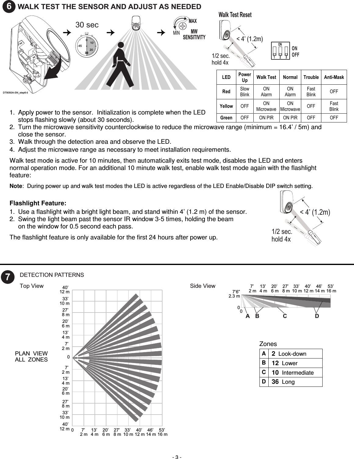  - 3 -  30 sec  300452010MWSENSITIVITYMAXMINWalk Test Reset1/2 sec.hold 4x&lt; 4’ (1.2m) DT8050A-SN_step6-iiON1       2       3 ONOFF6WALK TEST THE SENSOR AND ADJUST AS NEEDED                    7DETECTION PATTERNSTop View Side View0PLAN  VIEW ALL  ZONES7’ 2 m0013’ 4 m20’ 6 m27’ 8 m33’ 10 m40’ 12 m7’ 2 m13’ 4 m20’ 6 m27’ 8 m33’ 10 m40’ 12 m7’ 2 m13’ 4 m20’ 6 m27’ 8 m33’ 10 m40’ 12 m 46’ 14 m53’ 16 m7’ 2 m013’ 4 m20’ 6 m27’ 8 m33’ 10 m40’ 12 m46’ 14 m53’ 16 mA B C D7’6”2.3 m    1/2 sec.hold 4x&lt; 4’ (1.2m)  LED Power Up  Walk Test  Normal  Trouble  Anti-Mask Red  Slow  Blink ON  Alarm ON  Alarm Fast  Blink  OFF Yellow  OFF  ON  Microwave ON  Microwave OFF  Fast  Blink Green  OFF  ON PIR  ON PIR  OFF  OFF  Zones  A 2  Look-down  B 12  Lower  C 10  Intermediate  D 36  Long    1.  Apply power to the sensor.  Initialization is complete when the LED  stops flashing slowly (about 30 seconds). 2.  Turn the microwave sensitivity counterclockwise to reduce the microwave range (minimum = 16.4’ / 5m) and close the sensor. 3.  Walk through the detection area and observe the LED. 4.  Adjust the microwave range as necessary to meet installation requirements. Walk test mode is active for 10 minutes, then automatically exits test mode, disables the LED and enters normal operation mode. For an additional 10 minute walk test, enable walk test mode again with the flashlight feature: Note:  During power up and walk test modes the LED is active regardless of the LED Enable/Disable DIP switch setting.  Flashlight Feature: 1.  Use a flashlight with a bright light beam, and stand within 4’ (1.2 m) of the sensor. 2.  Swing the light beam past the sensor IR window 3-5 times, holding the beam  on the window for 0.5 second each pass. The flashlight feature is only available for the first 24 hours after power up.  