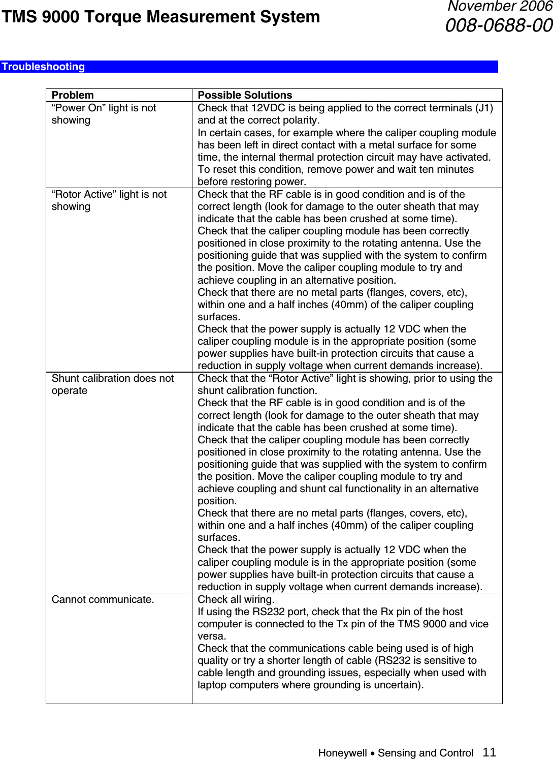 TMS 9000 Torque Measurement System  November 2006008-0688-00 Honeywell • Sensing and Control   11 Troubleshooting  Problem Possible Solutions “Power On” light is not showing Check that 12VDC is being applied to the correct terminals (J1) and at the correct polarity. In certain cases, for example where the caliper coupling module has been left in direct contact with a metal surface for some time, the internal thermal protection circuit may have activated. To reset this condition, remove power and wait ten minutes before restoring power. “Rotor Active” light is not showing Check that the RF cable is in good condition and is of the correct length (look for damage to the outer sheath that may indicate that the cable has been crushed at some time). Check that the caliper coupling module has been correctly positioned in close proximity to the rotating antenna. Use the positioning guide that was supplied with the system to confirm the position. Move the caliper coupling module to try and achieve coupling in an alternative position. Check that there are no metal parts (flanges, covers, etc), within one and a half inches (40mm) of the caliper coupling surfaces. Check that the power supply is actually 12 VDC when the caliper coupling module is in the appropriate position (some power supplies have built-in protection circuits that cause a reduction in supply voltage when current demands increase). Shunt calibration does not operate Check that the “Rotor Active” light is showing, prior to using the shunt calibration function. Check that the RF cable is in good condition and is of the correct length (look for damage to the outer sheath that may indicate that the cable has been crushed at some time). Check that the caliper coupling module has been correctly positioned in close proximity to the rotating antenna. Use the positioning guide that was supplied with the system to confirm the position. Move the caliper coupling module to try and achieve coupling and shunt cal functionality in an alternative position. Check that there are no metal parts (flanges, covers, etc), within one and a half inches (40mm) of the caliper coupling surfaces. Check that the power supply is actually 12 VDC when the caliper coupling module is in the appropriate position (some power supplies have built-in protection circuits that cause a reduction in supply voltage when current demands increase).  Cannot communicate.         Check all wiring. If using the RS232 port, check that the Rx pin of the host computer is connected to the Tx pin of the TMS 9000 and vice versa. Check that the communications cable being used is of high quality or try a shorter length of cable (RS232 is sensitive to cable length and grounding issues, especially when used with laptop computers where grounding is uncertain).  