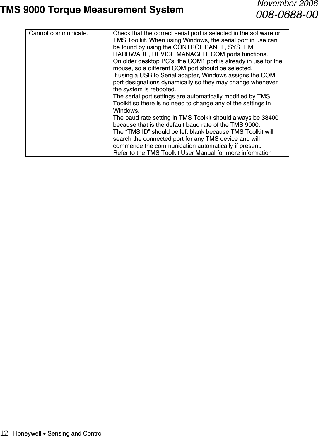 TMS 9000 Torque Measurement System  November 2006008-0688-00 12   Honeywell • Sensing and Control Cannot communicate.  Check that the correct serial port is selected in the software or TMS Toolkit. When using Windows, the serial port in use can be found by using the CONTROL PANEL, SYSTEM, HARDWARE, DEVICE MANAGER, COM ports functions. On older desktop PC’s, the COM1 port is already in use for the mouse, so a different COM port should be selected. If using a USB to Serial adapter, Windows assigns the COM port designations dynamically so they may change whenever the system is rebooted. The serial port settings are automatically modified by TMS Toolkit so there is no need to change any of the settings in Windows. The baud rate setting in TMS Toolkit should always be 38400 because that is the default baud rate of the TMS 9000. The “TMS ID” should be left blank because TMS Toolkit will search the connected port for any TMS device and will commence the communication automatically if present. Refer to the TMS Toolkit User Manual for more information                                     