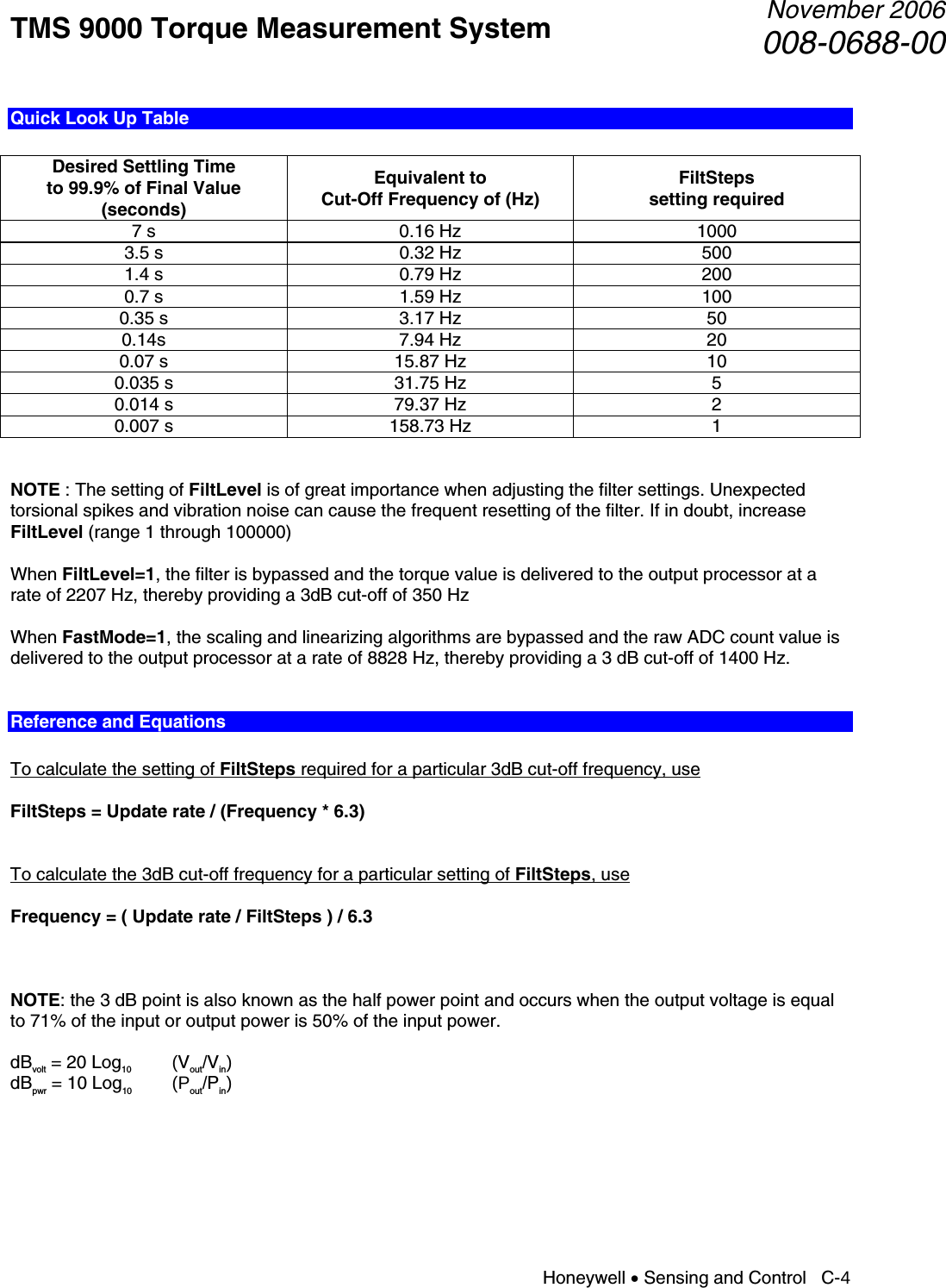 TMS 9000 Torque Measurement System  November 2006008-0688-00 Honeywell • Sensing and Control   C-4 Quick Look Up Table  Desired Settling Time to 99.9% of Final Value (seconds) Equivalent to Cut-Off Frequency of (Hz) FiltSteps setting required 7 s  0.16 Hz  1000 3.5 s  0.32 Hz  500 1.4 s  0.79 Hz  200 0.7 s  1.59 Hz  100 0.35 s  3.17 Hz  50 0.14s 7.94 Hz  20 0.07 s  15.87 Hz  10 0.035 s  31.75 Hz  5 0.014 s  79.37 Hz  2 0.007 s  158.73 Hz  1   NOTE : The setting of FiltLevel is of great importance when adjusting the filter settings. Unexpected torsional spikes and vibration noise can cause the frequent resetting of the filter. If in doubt, increase FiltLevel (range 1 through 100000)  When FiltLevel=1, the filter is bypassed and the torque value is delivered to the output processor at a rate of 2207 Hz, thereby providing a 3dB cut-off of 350 Hz  When FastMode=1, the scaling and linearizing algorithms are bypassed and the raw ADC count value is delivered to the output processor at a rate of 8828 Hz, thereby providing a 3 dB cut-off of 1400 Hz.  Reference and Equations  To calculate the setting of FiltSteps required for a particular 3dB cut-off frequency, use   FiltSteps = Update rate / (Frequency * 6.3)   To calculate the 3dB cut-off frequency for a particular setting of FiltSteps, use  Frequency = ( Update rate / FiltSteps ) / 6.3    NOTE: the 3 dB point is also known as the half power point and occurs when the output voltage is equal to 71% of the input or output power is 50% of the input power.   dBvolt = 20 Log10  (Vout/Vin) dBpwr = 10 Log10   (Pout/Pin)      