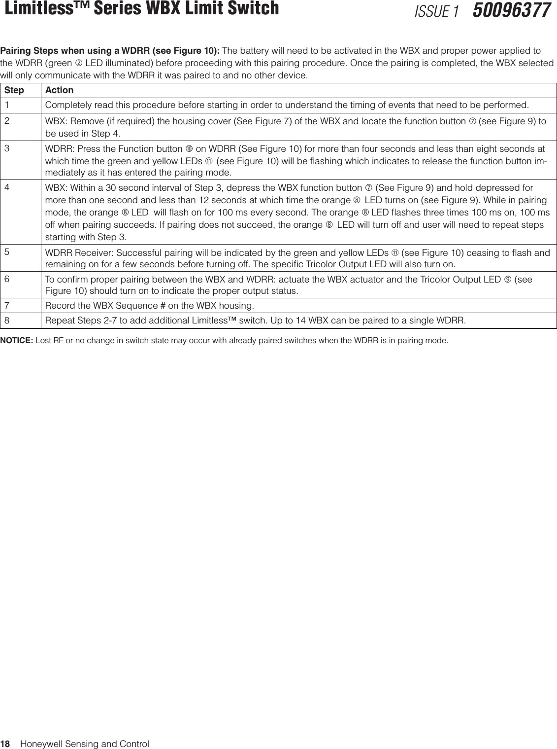 18    Honeywell Sensing and ControlLimitless™ Series WBX Limit Switch ISSUE 1   50096377Pairing Steps when using a WDRR (see Figure 10): The battery will need to be activated in the WBX and proper power applied to the WDRR (green  LED illuminated) before proceeding with this pairing procedure. Once the pairing is completed, the WBX selected will only communicate with the WDRR it was paired to and no other device.Step Action1 Completely read this procedure before starting in order to understand the timing of events that need to be performed.2WBX: Remove (if required) the housing cover (See Figure 7) of the WBX and locate the function button  (see Figure 9) to be used in Step 4.3WDRR: Press the Function button  on WDRR (See Figure 10) for more than four seconds and less than eight seconds at which time the green and yellow LEDs  (see Figure 10) will be ﬂashing which indicates to release the function button im-mediately as it has entered the pairing mode.4WBX: Within a 30 second interval of Step 3, depress the WBX function button  (See Figure 9) and hold depressed for more than one second and less than 12 seconds at which time the orange LED turns on (see Figure 9). While in pairing mode, the orange  LED  will ﬂash on for 100 ms every second. The orange  LED ﬂashes three times 100 ms on, 100 ms off when pairing succeeds. If pairing does not succeed, the orange LED will turn off and user will need to repeat steps starting with Step 3.5WDRR Receiver: Successful pairing will be indicated by the green and yellow LEDs  (see Figure 10) ceasing to ﬂash and remaining on for a few seconds before turning off. The speciﬁc Tricolor Output LED will also turn on.6To conﬁrm proper pairing between the WBX and WDRR: actuate the WBX actuator and the Tricolor Output LED  (see Figure 10) should turn on to indicate the proper output status. 7 Record the WBX Sequence # on the WBX housing.8 Repeat Steps 2-7 to add additional Limitless™ switch. Up to 14 WBX can be paired to a single WDRR.NOTICE: Lost RF or no change in switch state may occur with already paired switches when the WDRR is in pairing mode.
