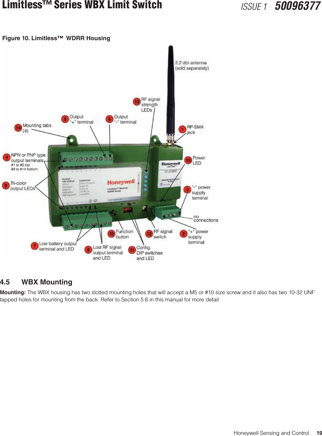 Honeywell Sensing and Control     19Limitless™ Series WBX Limit Switch ISSUE 1   50096377Figure 10. Limitless™  WDRR Housing 4.5  WBX MountingMounting: The WBX housing has two slotted mounting holes that will accept a M5 or #10 size screw and it also has two 10-32 UNF tapped holes for mounting from the back. Refer to Section 5.6 in this manual for more detail 