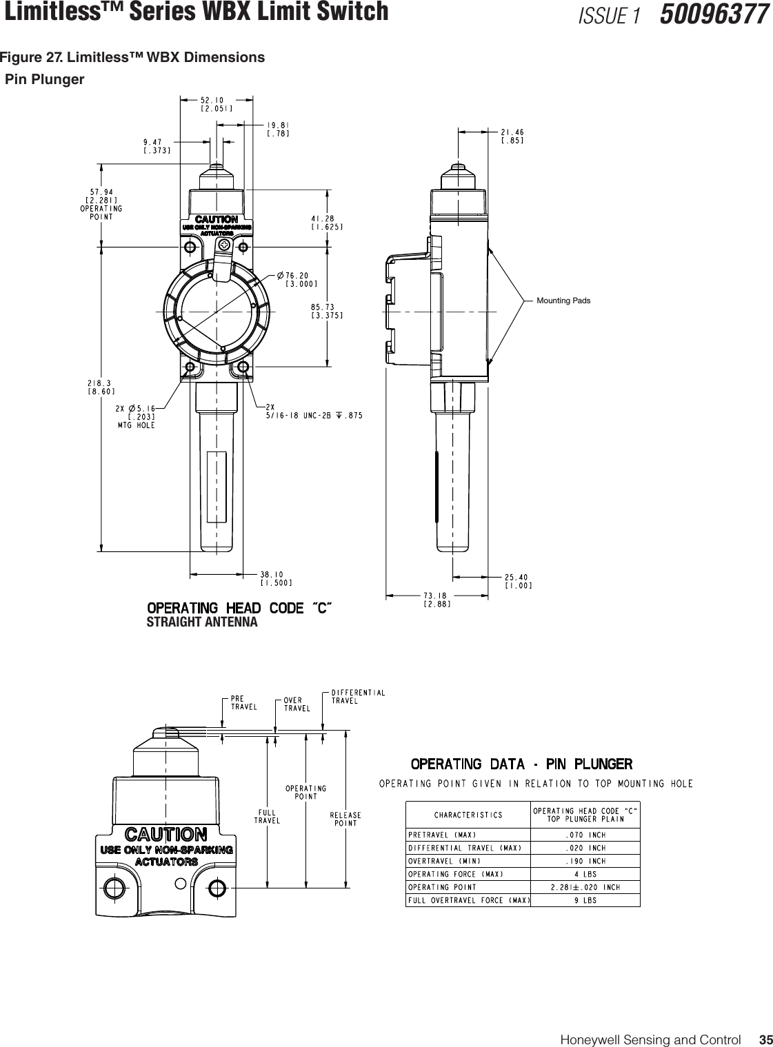 Honeywell Sensing and Control     35Limitless™ Series WBX Limit Switch ISSUE 1   50096377Figure 27. Limitless™ WBX DimensionsPin Plunger STRAIGHT ANTENNAMounting Pads