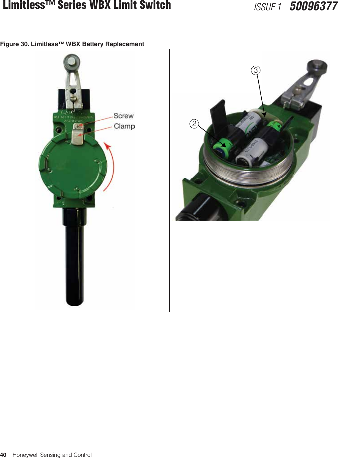 40    Honeywell Sensing and ControlLimitless™ Series WBX Limit Switch ISSUE 1   50096377Figure 30. Limitless™ WBX Battery Replacement32