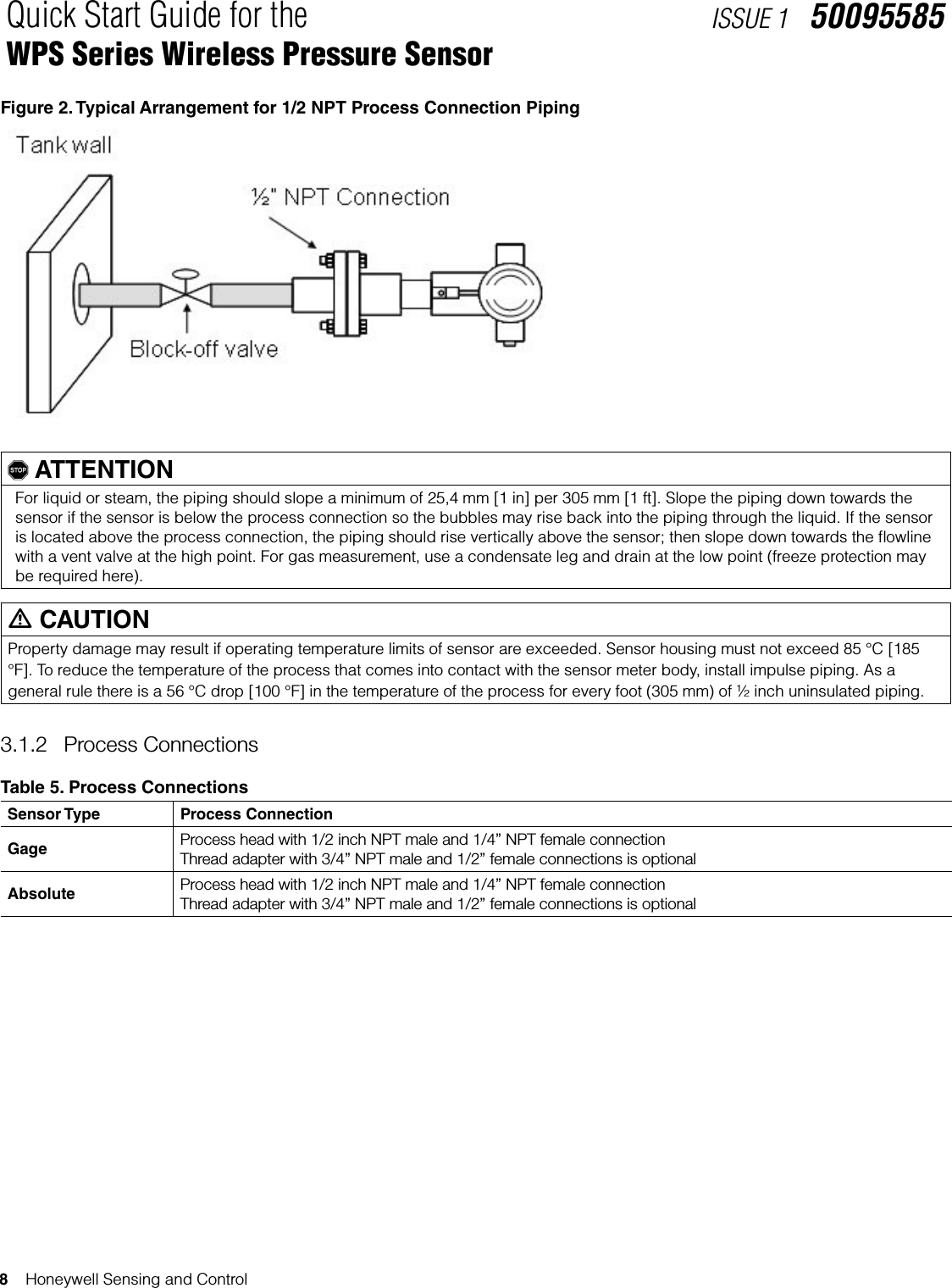 8    Honeywell Sensing and ControlQuick Start Guide for theWPS Series Wireless Pressure SensorISSUE 1   50095585Figure 2. Typical Arrangement for 1/2 NPT Process Connection Piping, ATTENTIONFor liquid or steam, the piping should slope a minimum of 25,4 mm [1 in] per 305 mm [1 ft]. Slope the piping down towards the sensor if the sensor is below the process connection so the bubbles may rise back into the piping through the liquid. If the sensor is located above the process connection, the piping should rise vertically above the sensor; then slope down towards the ﬂowline with a vent valve at the high point. For gas measurement, use a condensate leg and drain at the low point (freeze protection may be required here).m CAUTIONProperty damage may result if operating temperature limits of sensor are exceeded. Sensor housing must not exceed 85 °C [185 °F]. To reduce the temperature of the process that comes into contact with the sensor meter body, install impulse piping. As a general rule there is a 56 °C drop [100 °F] in the temperature of the process for every foot (305 mm) of ½ inch uninsulated piping.3.1.2  Process ConnectionsTable 5. Process ConnectionsSensor Type Process ConnectionGage Process head with 1/2 inch NPT male and 1/4” NPT female connectionThread adapter with 3/4” NPT male and 1/2” female connections is optionalAbsolute Process head with 1/2 inch NPT male and 1/4” NPT female connectionThread adapter with 3/4” NPT male and 1/2” female connections is optional 