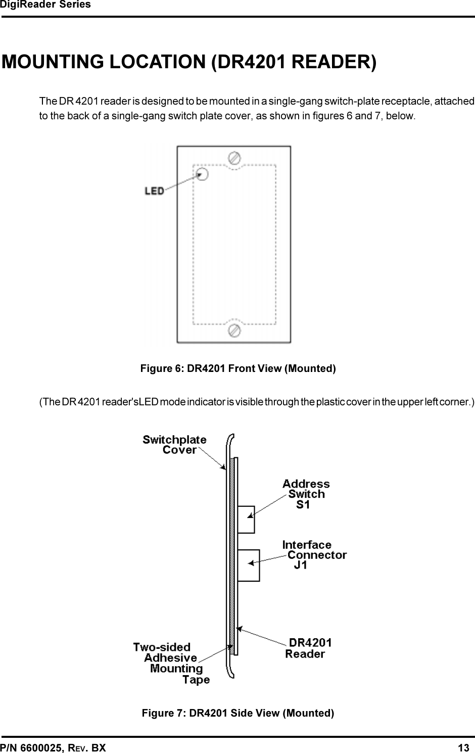 DigiReader SeriesP/N 6600025, REV. BX                                                                                                               13MOUNTING LOCATION (DR4201 READER)The DR 4201 reader is designed to be mounted in a single-gang switch-plate receptacle, attachedto the back of a single-gang switch plate cover, as shown in figures 6 and 7, below.Figure 6: DR4201 Front View (Mounted)(The DR 4201 reader&apos;sLED mode indicator is visible through the plastic cover in the upper left corner.)Figure 7: DR4201 Side View (Mounted)