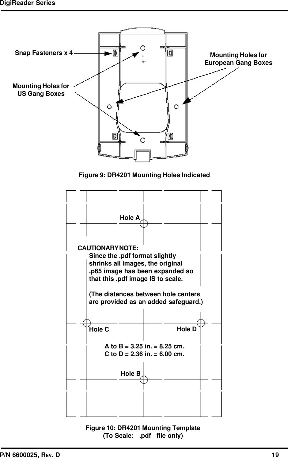 DigiReader SeriesP/N 6600025, REV. D                                                                                                              19Figure 9: DR4201 Mounting Holes IndicatedFigure 10: DR4201 Mounting Template(To Scale:   .pdf   file only)Mounting Holes forUS Gang BoxesMounting Holes forEuropean Gang BoxesSnap Fasteners x 4CAUTIONARY NOTE:Since the .pdf format slightlyshrinks all images, the original.p65 image has been expanded sothat this .pdf image IS to scale.(The distances between hole centersare provided as an added safeguard.)Hole AHole BHole C Hole DA to B = 3.25 in. = 8.25 cm.C to D = 2.36 in. = 6.00 cm.
