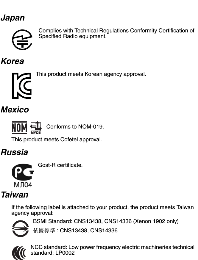 JapanComplies with Technical Regulations Conformity Certification of Specified Radio equipment.KoreaThis product meets Korean agency approval.Mexico  Conforms to NOM-019.  This product meets Cofetel approval.RussiaGost-R certificate.TaiwanIf the following label is attached to your product, the product meets Taiwan agency approval:BSMI Standard: CNS13438, CNS14336 (Xenon 1902 only)依據標準 : CNS13438, CNS14336NCC standard: Low power frequency electric machineries technical standard: LP0002