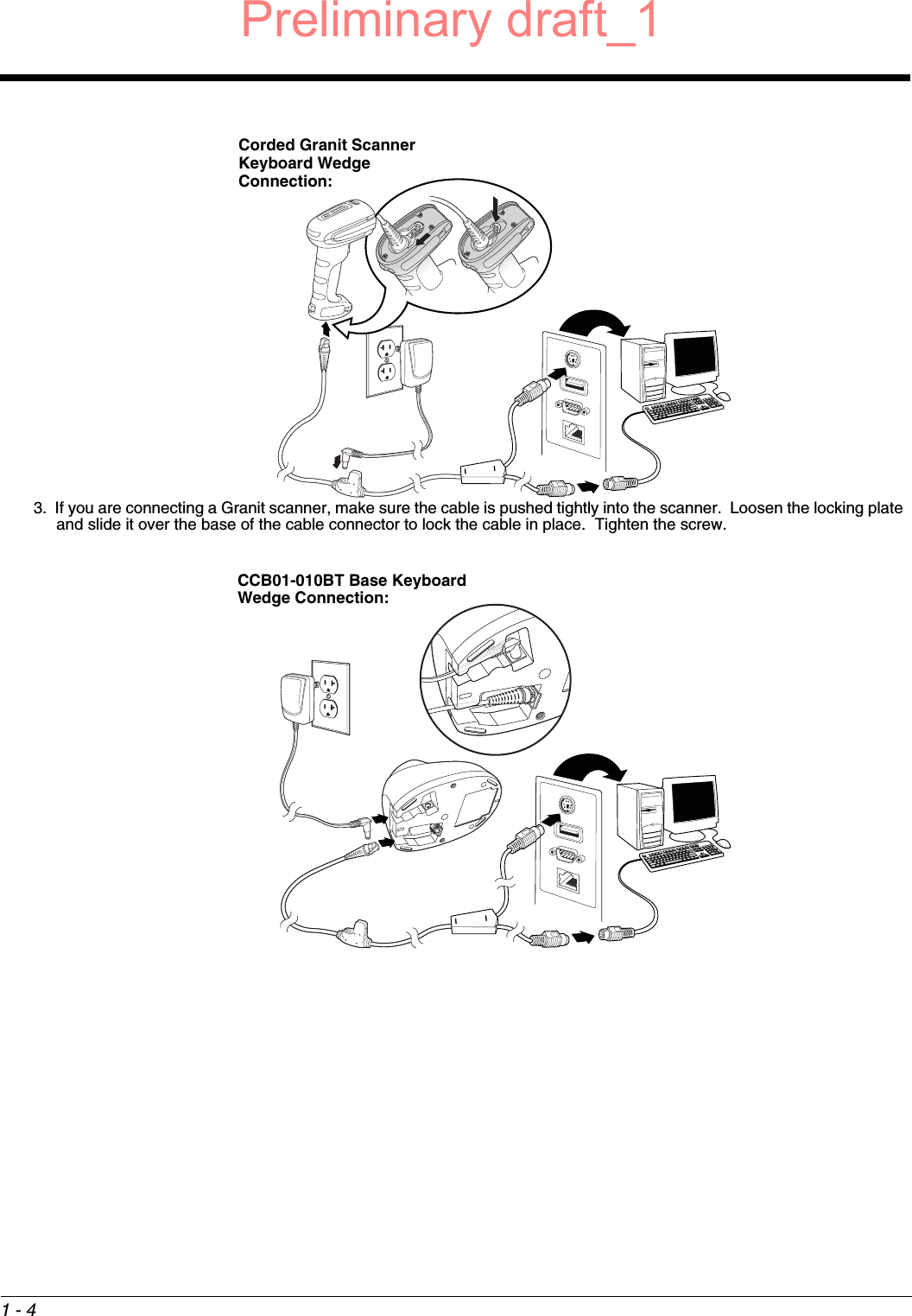 1 - 43. If you are connecting a Granit scanner, make sure the cable is pushed tightly into the scanner.  Loosen the locking plate and slide it over the base of the cable connector to lock the cable in place.  Tighten the screw.Corded Granit Scanner Keyboard Wedge Connection:CCB01-010BT Base Keyboard Wedge Connection:Preliminary draft_1