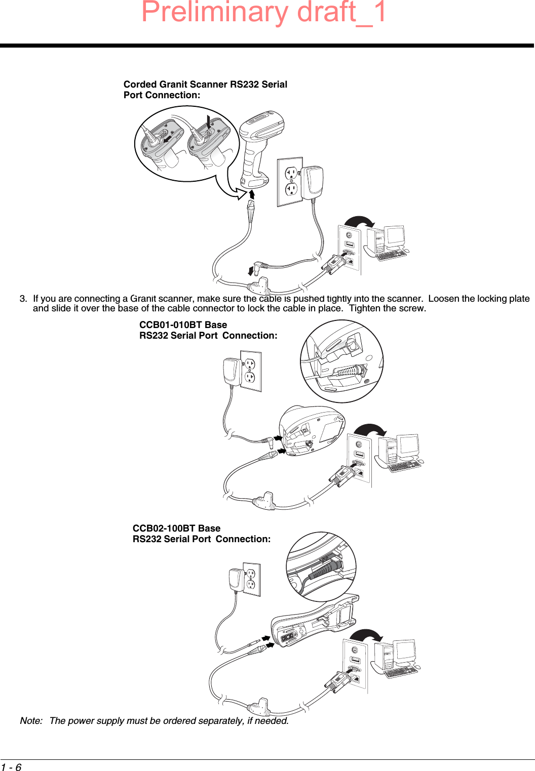 1 - 63. If you are connecting a Granit scanner, make sure the cable is pushed tightly into the scanner.  Loosen the locking plate and slide it over the base of the cable connector to lock the cable in place.  Tighten the screw.Note: The power supply must be ordered separately, if needed.Corded Granit Scanner RS232 Serial Port Connection:CCB01-010BT Base RS232 Serial Port  Connection:CCB02-100BT Base RS232 Serial Port  Connection:Preliminary draft_1