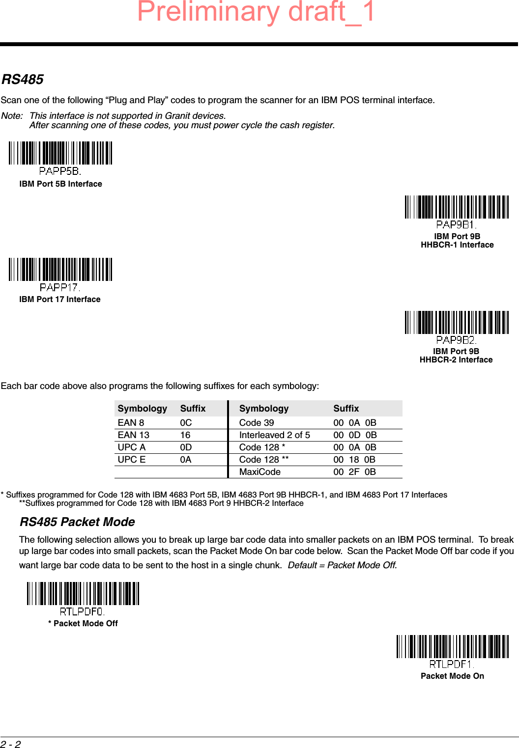 2 - 2RS485Scan one of the following “Plug and Play” codes to program the scanner for an IBM POS terminal interface.Note: This interface is not supported in Granit devices.After scanning one of these codes, you must power cycle the cash register.Each bar code above also programs the following suffixes for each symbology:* Suffixes programmed for Code 128 with IBM 4683 Port 5B, IBM 4683 Port 9B HHBCR-1, and IBM 4683 Port 17 Interfaces**Suffixes programmed for Code 128 with IBM 4683 Port 9 HHBCR-2 InterfaceRS485 Packet ModeThe following selection allows you to break up large bar code data into smaller packets on an IBM POS terminal.  To break up large bar codes into small packets, scan the Packet Mode On bar code below.  Scan the Packet Mode Off bar code if you want large bar code data to be sent to the host in a single chunk.  Default = Packet Mode Off.Symbology Suffix Symbology SuffixEAN 8 0C Code 39 00  0A  0BEAN 13 16 Interleaved 2 of 5 00  0D  0BUPC A 0D Code 128 * 00  0A  0BUPC E 0A Code 128 ** 00  18  0BMaxiCode 00  2F  0BIBM Port 5B InterfaceIBM Port 9B HHBCR-1 InterfaceIBM Port 17 InterfaceIBM Port 9BHHBCR-2 Interface* Packet Mode OffPacket Mode OnPreliminary draft_1