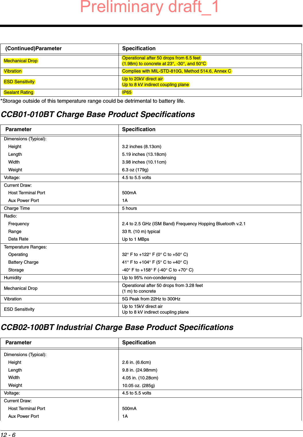 12 - 6*Storage outside of this temperature range could be detrimental to battery life.CCB01-010BT Charge Base Product SpecificationsCCB02-100BT Industrial Charge Base Product SpecificationsMechanical Drop Operational after 50 drops from 6.5 feet (1.98m) to concrete at 23°, -30°, and 50°CVibration Complies with MIL-STD-810G, Method 514.6, Annex CESD Sensitivity Up to 20kV direct airUp to 8 kV indirect coupling planeSealant Rating IP65Parameter SpecificationDimensions (Typical):Height 3.2 inches (8.13cm)Length 5.19 inches (13.18cm)Width 3.98 inches (10.11cm)Weight 6.3 oz (179g)Voltage: 4.5 to 5.5 voltsCurrent Draw:Host Terminal Port 500mAAux Power Port 1ACharge Time 5 hoursRadio:Frequency 2.4 to 2.5 GHz (ISM Band) Frequency Hopping Bluetooth v.2.1Range 33 ft. (10 m) typicalData Rate Up to 1 MBpsTemperature Ranges:Operating 32° F to +122° F (0° C to +50° C)Battery Charge 41° F to +104° F (5° C to +40° C)Storage -40° F to +158° F (-40° C to +70° C)Humidity Up to 95% non-condensingMechanical Drop Operational after 50 drops from 3.28 feet (1 m) to concreteVibration 5G Peak from 22Hz to 300HzESD Sensitivity Up to 15kV direct airUp to 8 kV indirect coupling planeParameter SpecificationDimensions (Typical):Height 2.6 in. (6.6cm)Length 9.8 in. (24.98mm)Width 4.05 in. (10.28cm)Weight 10.05 oz. (285g)Voltage: 4.5 to 5.5 voltsCurrent Draw:Host Terminal Port 500mAAux Power Port 1A (Continued)Parameter SpecificationPreliminary draft_1