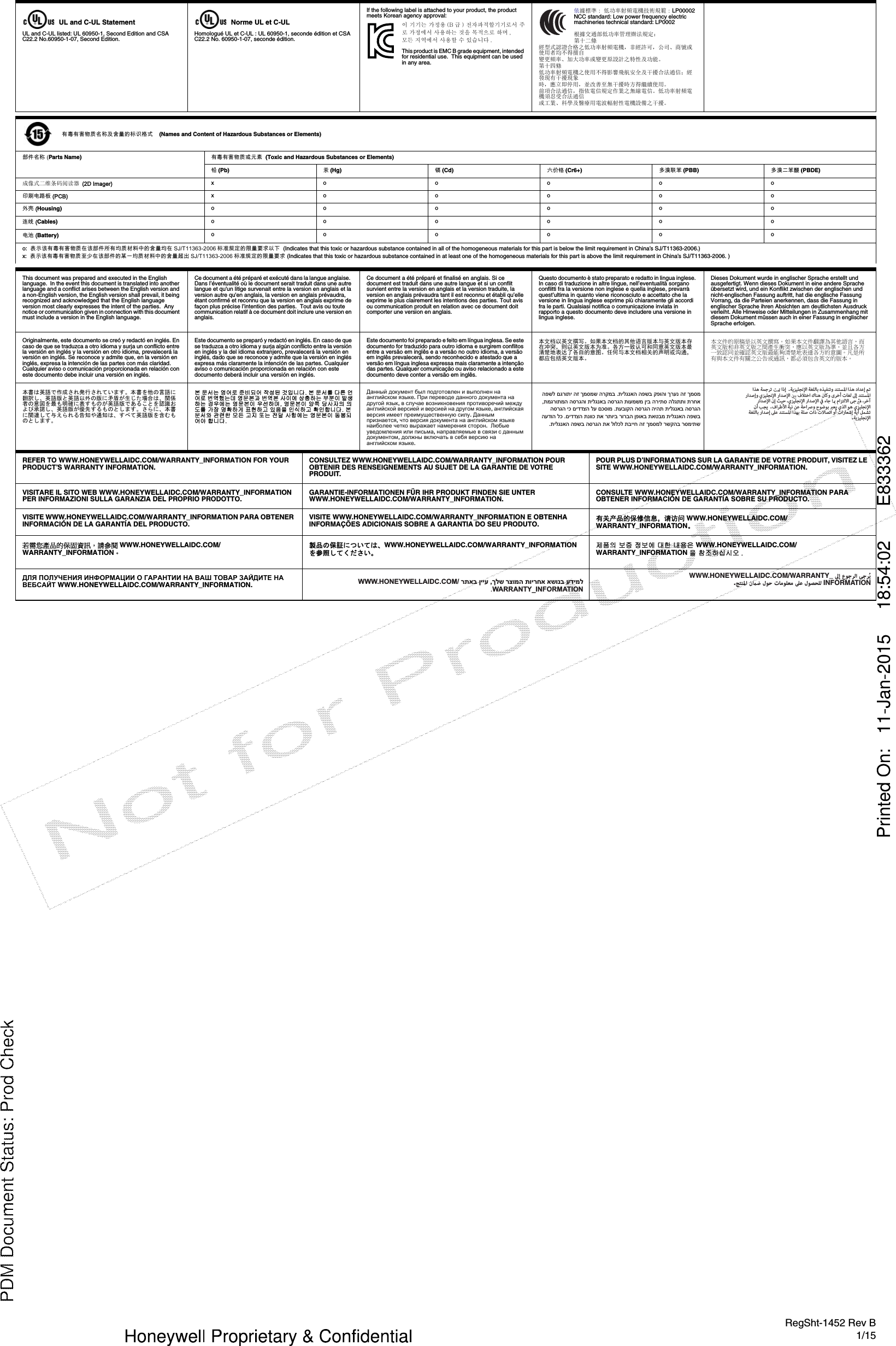 RegSht-1452 Rev B1/15  UL and C-UL StatementUL and C-UL listed: UL 60950-1, Second Edition and CSA C22.2 No.60950-1-07, Second Edition.  Norme UL et C-ULHomologué UL et C-UL : UL 60950-1, seconde édition et CSA C22.2 No. 60950-1-07, seconde édition.    If the following label is attached to your product, the product meets Korean agency approval:이 기기는 가정용 (B 급 ) 전자파적합기기로서 주로 가정에서 사용하는 것을 목적으로 하며 , 모든 지역에서 사용할 수 있습니다 . This product is EMC B grade equipment, intended for residential use.  This equipment can be used in any area.依據標準 : 低功率射頻電機技術規範 : LP00002 NCC standard: Low power frequency electric machineries technical standard: LP0002根據交通部低功率管理辦法規定：第十二條經型式認證合格之低功率射頻電機，非經許可，公司、商號或使用者均不得擅自變更頻率、加大功率或變更原設計之特性及功能。第十四條低功率射頻電機之使用不得影響飛航安全及干擾合法通信；經發現有干擾現象時，應立即停用，並改善至無干擾時方得繼續使用。前項合法通信，指依電信規定作業之無線電信。低功率射頻電機須忍受合法通信或工業、科學及醫療用電波輻射性電機設備之干擾。  有毒有害物质名称及含量的标识格式    (Names and Content of Hazardous Substances or Elements)  部件名称 (Parts Name) 有毒有害物质或元素  (Toxic and Hazardous Substances or Elements)铅(Pb) 汞(Hg) 镉(Cd) 六价铬 (Cr6+) 多溴联苯 (PBB) 多溴二苯醚 (PBDE)成像式二维条码阅读器 (2D Imager) xooooo印刷电路板 (PCB) xooooo外壳 (Housing) oooooo连线 (Cables) oooooo电池 (Battery) ooooooo:  表示该有毒有害物质在该部件所有均质材料中的含量均在 SJ/T11363-2006 标准规定的限量要求以下  (Indicates that this toxic or hazardous substance contained in all of the homogeneous materials for this part is below the limit requirement in China’s SJ/T11363-2006.)x:  表示该有毒有害物质至少在该部件的某一均质材料中的含量超出 SJ/T11363-2006 标准规定的限量要求 (Indicates that this toxic or hazardous substance contained in at least one of the homogeneous materials for this part is above the limit requirement in China’s SJ/T11363-2006. )This document was prepared and executed in the English language.  In the event this document is translated into another language and a conflict arises between the English version and a non-English version, the English version shall prevail, it being recognized and acknowledged that the English language version most clearly expresses the intent of the parties.  Any notice or communication given in connection with this document must include a version in the English language.Ce document a été préparé et exécuté dans la langue anglaise.  Dans l’éventualité où le document serait traduit dans une autre langue et qu&apos;un litige survenait entre la version en anglais et la version autre qu&apos;en anglais, la version en anglais prévaudra, étant confirmé et reconnu que la version en anglais exprime de façon plus précise l’intention des parties.  Tout avis ou toute communication relatif à ce document doit inclure une version en anglais. Ce document a été préparé et finalisé en anglais. Si ce document est traduit dans une autre langue et si un conflit survient entre la version en anglais et la version traduite, la version en anglais prévaudra tant il est reconnu et établi qu’elle exprime le plus clairement les intentions des parties. Tout avis ou communication produit en relation avec ce document doit comporter une version en anglais.  Questo documento è stato preparato e redatto in lingua inglese. In caso di traduzione in altre lingue, nell’eventualità sorgano conflitti fra la versione non inglese e quella inglese, prevarrà quest’ultima in quanto viene riconosciuto e accettato che la versione in lingua inglese esprime più chiaramente gli accordi fra le parti. Qualsiasi notifica o comunicazione inviata in rapporto a questo documento deve includere una versione in lingua inglese.  Dieses Dokument wurde in englischer Sprache erstellt und ausgefertigt. Wenn dieses Dokument in eine andere Sprache übersetzt wird, und ein Konflikt zwischen der englischen und nicht-englischen Fassung auftritt, hat die englische Fassung Vorrang, da die Parteien anerkennen, dass die Fassung in englischer Sprache ihren Absichten am deutlichsten Ausdruck verleiht. Alle Hinweise oder Mitteilungen in Zusammenhang mit diesem Dokument müssen auch in einer Fassung in englischer Sprache erfolgen.  Originalmente, este documento se creó y redactó en inglés. En caso de que se traduzca a otro idioma y surja un conflicto entre la versión en inglés y la versión en otro idioma, prevalecerá la versión en inglés. Se reconoce y admite que, en la versión en inglés, expresa la intención de las partes con más claridad. Cualquier aviso o comunicación proporcionada en relación con este documento debe incluir una versión en inglés.  Este documento se preparó y redactó en inglés. En caso de que se traduzca a otro idioma y surja algún conflicto entre la versión en inglés y la del idioma extranjero, prevalecerá la versión en inglés, dado que se reconoce y admite que la versión en inglés expresa más claramente la intención de las partes. Cualquier aviso o comunicación proporcionada en relación con este documento deberá incluir una versión en inglés.  Este documento foi preparado e feito em língua inglesa. Se este documento for traduzido para outro idioma e surgirem conflitos entre a versão em inglês e a versão no outro idioma, a versão em inglês prevalecerá, sendo reconhecido e atestado que a versão em língua inglesa expressa mais claramente a intenção das partes. Qualquer comunicação ou aviso relacionado a este documento deve conter a versão em inglês.  本文档以英文撰写。如果本文档的其他语言版本与英文版本存在冲突，则以英文版本为准。各方一致认可和同意英文版本最清楚地表达了各自的意图。任何与本文档相关的声明或沟通，都应包括英文版本。  本文件的原稿是以英文撰寫。 如果本文件翻譯為其他語言，而英文版和非英文版之間產生衝突，應以英文版為準，並且各方一致認同並確認英文版最能夠清楚地表達各方的意圖。 凡是所有與本文件有關之公告或通訊，都必須包含英文的版本。  本書は英語で作成され発行されています。 本書を他の言語に翻訳し、英語版と英語以外の版に矛盾が生じた場合は、関係者の意図を最も明確に表すものが英語版であることを認識および承諾し、英語版が優先するものとします。 さらに、本書に関連して与えられる告知や通知は、すべて英語版を含むものとします。  본 문서는 영어로 준비되어 작성된 것입니다. 본 문서를 다른 언어로 번역했는데 영문본과 번역본 사이에 상충하는 부분이 발생하는 경우에는 영문본이 우선하며, 영문본이 양쪽 당사자의 의도를 가장 명확하게 표현하고 있음을 인식하고 확인합니다. 본 문서와 관련한 모든 고지 또는 전달 사항에는 영문본이 동봉되어야 합니다.  Данный документ был подготовлен и выполнен на английском языке. При переводе данного документа на другой язык, в случае возникновения противоречий между английской версией и версией на другом языке, английская версия имеет преимущественную силу. Данным признается, что версия документа на английском языке наиболее четко выражает намерения сторон.  Любые уведомления или письма, направляемые в связи с данным документом, должны включать в себя версию на английском языке.      REFER TO WWW.HONEYWELLAIDC.COM/WARRANTY_INFORMATION FOR YOUR PRODUCT’S WARRANTY INFORMATION. CONSULTEZ WWW.HONEYWELLAIDC.COM/WARRANTY_INFORMATION POUR OBTENIR DES RENSEIGNEMENTS AU SUJET DE LA GARANTIE DE VOTRE PRODUIT.  POUR PLUS D’INFORMATIONS SUR LA GARANTIE DE VOTRE PRODUIT, VISITEZ LE SITE WWW.HONEYWELLAIDC.COM/WARRANTY_INFORMATION.  VISITARE IL SITO WEB WWW.HONEYWELLAIDC.COM/WARRANTY_INFORMATION PER INFORMAZIONI SULLA GARANZIA DEL PROPRIO PRODOTTO.   GARANTIE-INFORMATIONEN FÜR IHR PRODUKT FINDEN SIE UNTER WWW.HONEYWELLAIDC.COM/WARRANTY_INFORMATION.  CONSULTE WWW.HONEYWELLAIDC.COM/WARRANTY_INFORMATION PARA OBTENER INFORMACIÓN DE GARANTÍA SOBRE SU PRODUCTO.  VISITE WWW.HONEYWELLAIDC.COM/WARRANTY_INFORMATION PARA OBTENER INFORMACIÓN DE LA GARANTÍA DEL PRODUCTO. VISITE WWW.HONEYWELLAIDC.COM/WARRANTY_INFORMATION E OBTENHA INFORMAÇÕES ADICIONAIS SOBRE A GARANTIA DO SEU PRODUTO.   有关产品的保修信息，请访问 WWW.HONEYWELLAIDC.COM/WARRANTY_INFORMATION。 若需您產品的保固資訊，請參閱 WWW.HONEYWELLAIDC.COM/WARRANTY_INFORMATION。  製品の保証については、WWW.HONEYWELLAIDC.COM/WARRANTY_INFORMATIONを参照してください。     제품의 보증 정보에 대한 내용은 WWW.HONEYWELLAIDC.COM/WARRANTY_INFORMATION 을 참조하십시오 .  ДЛЯ ПОЛУЧЕНИЯ ИНФОРМАЦИИ О ГАРАНТИИ НА ВАШ ТОВАР ЗАЙДИТЕ НА ВЕБСАЙТ WWW.HONEYWELLAIDC.COM/WARRANTY_INFORMATION.       הפשל םגרותי הז ךמסמש הרקמב .תילגנאה הפשב קפוהו ךרענ הז ךמסמהלגתתו תרחא ,תמגרותמה הסרגהו תילגנאב הסרגה תועמשמ ןיב הריתס הסרגה יכ םידדצה לע םכסומ .תעבוקה הסרגה היהת תילגנאב הסרגה העדוה לכ .םידדצה תנווכ תא רתויב רורבה ןפואב תאטבמ תילגנאה הפשב.תילגנאה הפשב הסרגה תא לולכל תבייח הז ךמסמל רשקהב רסמיתש اﺬﻫ ﺔﻤﺟﺮﺗ  اذإ   .ﺔﻳﺰﻴﻠﺠﻧﻹا ﺔﻐﻠﻟﺎﺑ هﺬﻴﻔﻨﺗو ﺪﻨﺘﺴﳌا اﺬﻫ داﺪﻋإ ﻢﺗ راﺪﺻإو يﺰﻴﻠﺠﻧﻹا راﺪﺻﻹا  فﻼﺘﺧا كﺎﻨﻫ نﺎﻛو ىﺮﺧأ تﺎﻐﻟ ﱃإ ﺪﻨﺘﺴﳌا راﺪﺻﻹا نإ ﺚﻴﺣ ،يﺰﻴﻠﺠﻧﻹا راﺪﺻﻹا ﰲ ءﺎﺟ  ماﺰﺘﻟﻻا ﻰﺟ ُ ،ﺮﺧآ نأ ﺐﺠﻳ   .فاﺮﻃﻷا ﺔﻴﻧ ﻦﻋ ﺔﺣاﴏو حﻮﺿﻮﺑ ﱪﻌﻳ يﺬﻟا ﻮﻫ يﺰﻴﻠﺠﻧﻹا ﺔﻐﻠﻟﺎﺑ راﺪﺻإ ﲆﻋ ﺪﻨﺘﺴﳌا اﺬﻬﺑ ﺔﻠﺻ تاذ تﻻﺎﺼﺗا وأ تارﺎﻌﺷإ ﺔﻳأ ﻞﻤﺸﺗ.ﺔﻳﺰﻴﻠﺠﻧﻹاWWW.HONEYWELLAIDC.COM/ רתאב ןייע ,ךלש רצומה תוירחא אשונב עדימל.WARRANTY_INFORMATIONWWW.HONEYWELLAIDC.COM/WARRANTY_  ﱃإ عﻮﺟﺮﻟا ﻰﺟﺮُﻳ.ﺞﺘﻨﳌا  لﻮﺣ تﺎﻣﻮﻠﻌﻣ ﲆﻋ لﻮﺼﺤﻠﻟ INFORMATION