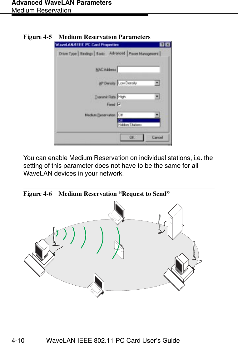 Advanced WaveLAN ParametersMedium Reservation4-10 WaveLAN IEEE 802.11 PC Card User’s GuideFigure 4-5  Medium Reservation ParametersYou can enable Medium Reservation on individual stations, i.e. the setting of this parameter does not have to be the same for all WaveLAN devices in your network.Figure 4-6  Medium Reservation “Request to Send”