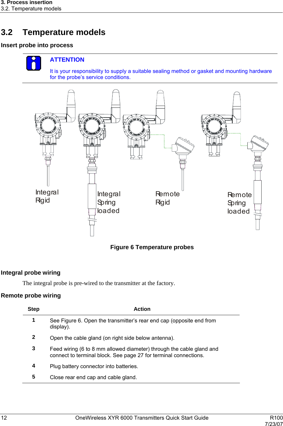 3. Process insertion 3.2. Temperature models 12  OneWireless XYR 6000 Transmitters Quick Start Guide   R100   7/23/07 3.2 Temperature models Insert probe into process   ATTENTION It is your responsibility to supply a suitable sealing method or gasket and mounting hardware for the probe’s service conditions.   Inte g ra lRi g i d Inte g ra lSp r i n gloadedRe m o t eRi g i dRe m o t eSp r i n gloaded Figure 6 Temperature probes  Integral probe wiring The integral probe is pre-wired to the transmitter at the factory.  Remote probe wiring  Step Action 1  See Figure 6. Open the transmitter’s rear end cap (opposite end from display). 2  Open the cable gland (on right side below antenna). 3  Feed wiring (6 to 8 mm allowed diameter) through the cable gland and connect to terminal block. See page 27 for terminal connections. 4  Plug battery connector into batteries. 5  Close rear end cap and cable gland.   