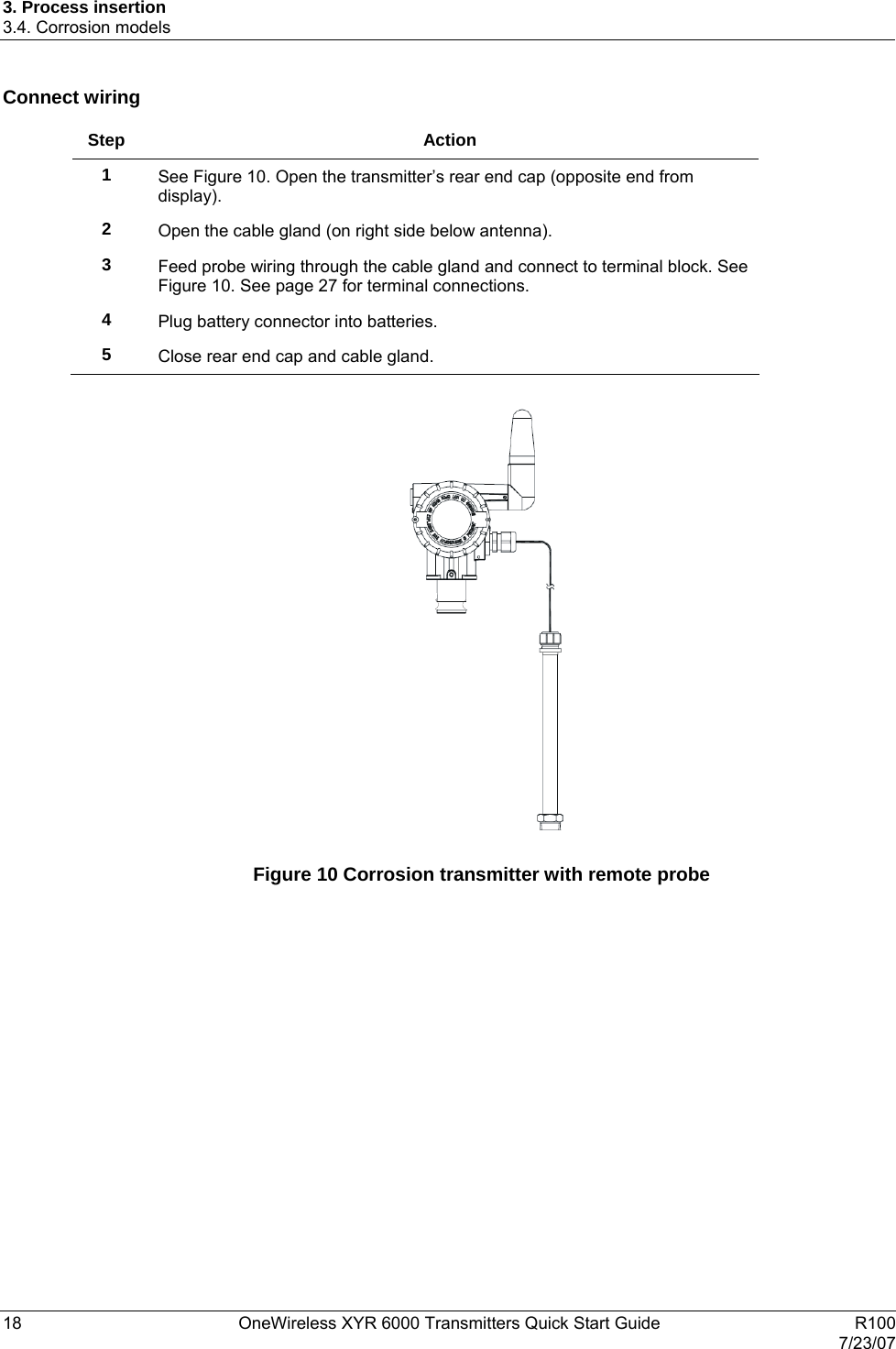 3. Process insertion 3.4. Corrosion models 18  OneWireless XYR 6000 Transmitters Quick Start Guide   R100   7/23/07 Connect wiring  Step Action 1  See Figure 10. Open the transmitter’s rear end cap (opposite end from display). 2  Open the cable gland (on right side below antenna). 3  Feed probe wiring through the cable gland and connect to terminal block. See Figure 10. See page 27 for terminal connections. 4  Plug battery connector into batteries. 5  Close rear end cap and cable gland.     Figure 10 Corrosion transmitter with remote probe   