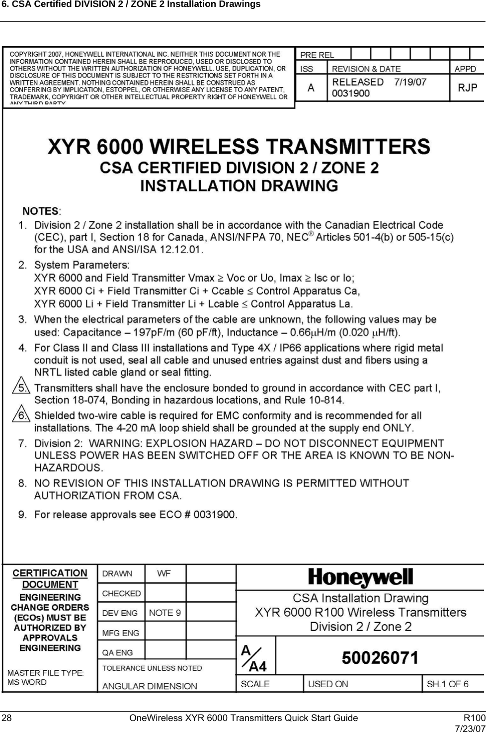 6. CSA Certified DIVISION 2 / ZONE 2 Installation Drawings  28  OneWireless XYR 6000 Transmitters Quick Start Guide   R100   7/23/07   