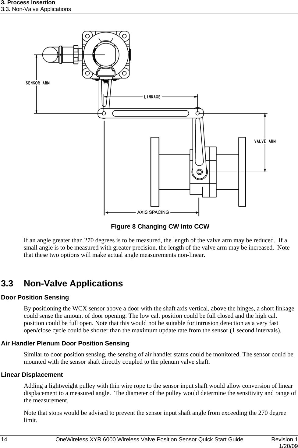3. Process Insertion 3.3. Non-Valve Applications  Figure 8 Changing CW into CCW  If an angle greater than 270 degrees is to be measured, the length of the valve arm may be reduced.  If a small angle is to be measured with greater precision, the length of the valve arm may be increased.  Note that these two options will make actual angle measurements non-linear.  3.3 Non-Valve Applications Door Position Sensing By positioning the WCX sensor above a door with the shaft axis vertical, above the hinges, a short linkage could sense the amount of door opening. The low cal. position could be full closed and the high cal. position could be full open. Note that this would not be suitable for intrusion detection as a very fast open/close cycle could be shorter than the maximum update rate from the sensor (1 second intervals). Air Handler Plenum Door Position Sensing Similar to door position sensing, the sensing of air handler status could be monitored. The sensor could be mounted with the sensor shaft directly coupled to the plenum valve shaft. Linear Displacement Adding a lightweight pulley with thin wire rope to the sensor input shaft would allow conversion of linear displacement to a measured angle.  The diameter of the pulley would determine the sensitivity and range of the measurement. Note that stops would be advised to prevent the sensor input shaft angle from exceeding the 270 degree limit. 14  OneWireless XYR 6000 Wireless Valve Position Sensor Quick Start Guide   Revision 1   1/20/09 