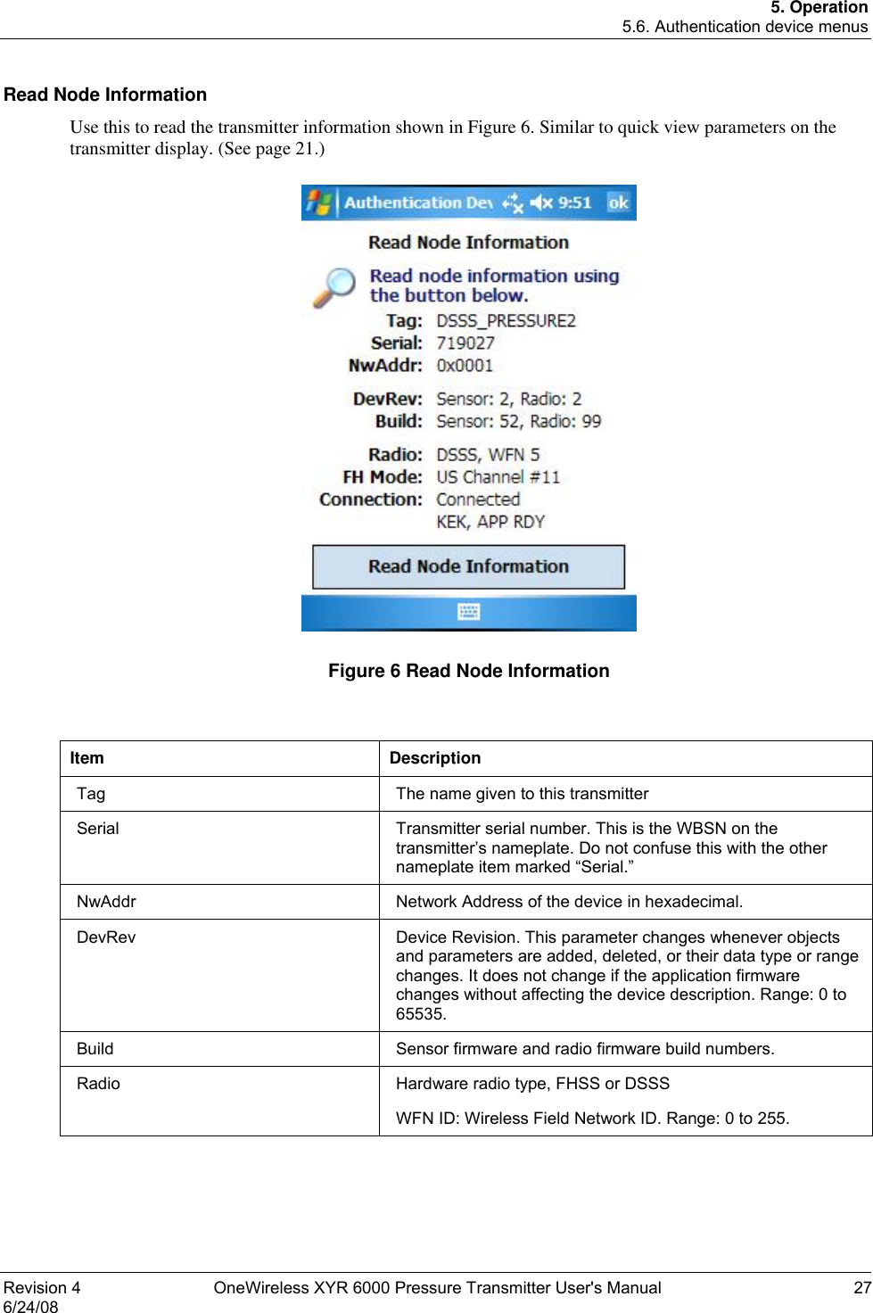 5. Operation 5.6. Authentication device menus Revision 4  OneWireless XYR 6000 Pressure Transmitter User&apos;s Manual  27 6/24/08  Read Node Information Use this to read the transmitter information shown in Figure 6. Similar to quick view parameters on the transmitter display. (See page 21.)    Figure 6 Read Node Information   Item Description Tag  The name given to this transmitter Serial  Transmitter serial number. This is the WBSN on the transmitter’s nameplate. Do not confuse this with the other nameplate item marked “Serial.” NwAddr  Network Address of the device in hexadecimal. DevRev  Device Revision. This parameter changes whenever objects and parameters are added, deleted, or their data type or range changes. It does not change if the application firmware changes without affecting the device description. Range: 0 to 65535. Build  Sensor firmware and radio firmware build numbers. Radio  Hardware radio type, FHSS or DSSS WFN ID: Wireless Field Network ID. Range: 0 to 255. 