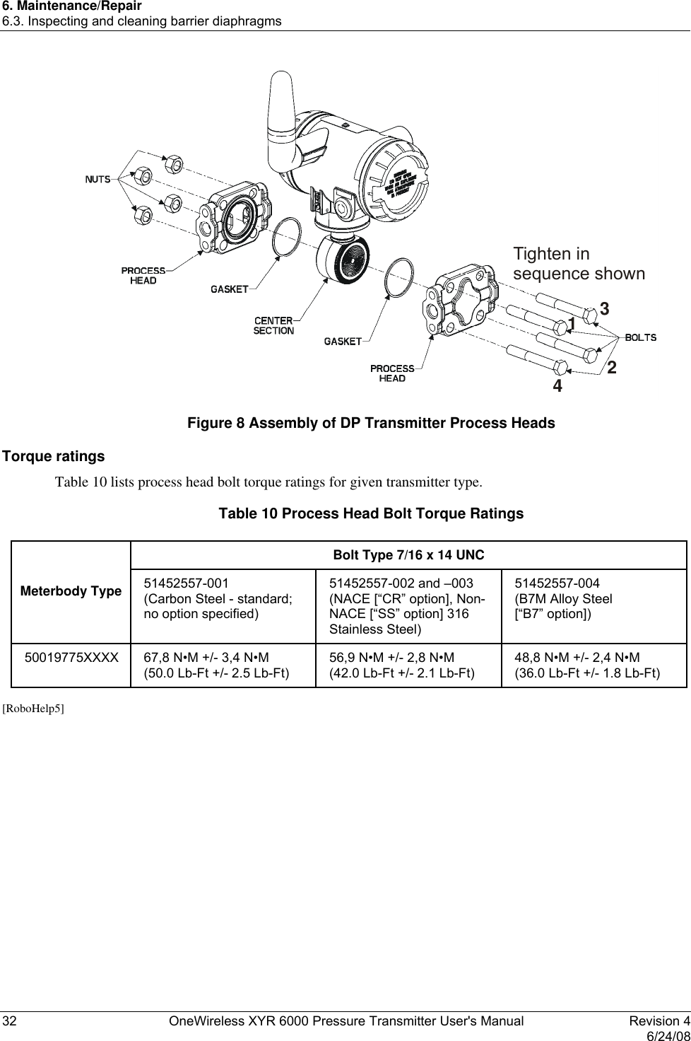 6. Maintenance/Repair 6.3. Inspecting and cleaning barrier diaphragms 32  OneWireless XYR 6000 Pressure Transmitter User&apos;s Manual   Revision 4   6/24/08 1234Tighten in sequence shown Figure 8 Assembly of DP Transmitter Process Heads Torque ratings Table 10 lists process head bolt torque ratings for given transmitter type.  Table 10 Process Head Bolt Torque Ratings  Bolt Type 7/16 x 14 UNC Meterbody Type  51452557-001 (Carbon Steel - standard; no option specified) 51452557-002 and –003 (NACE [“CR” option], Non-NACE [“SS” option] 316 Stainless Steel)  51452557-004 (B7M Alloy Steel [“B7” option]) 50019775XXXX  67,8 N•M +/- 3,4 N•M (50.0 Lb-Ft +/- 2.5 Lb-Ft) 56,9 N•M +/- 2,8 N•M (42.0 Lb-Ft +/- 2.1 Lb-Ft) 48,8 N•M +/- 2,4 N•M (36.0 Lb-Ft +/- 1.8 Lb-Ft)   [RoboHelp5]    