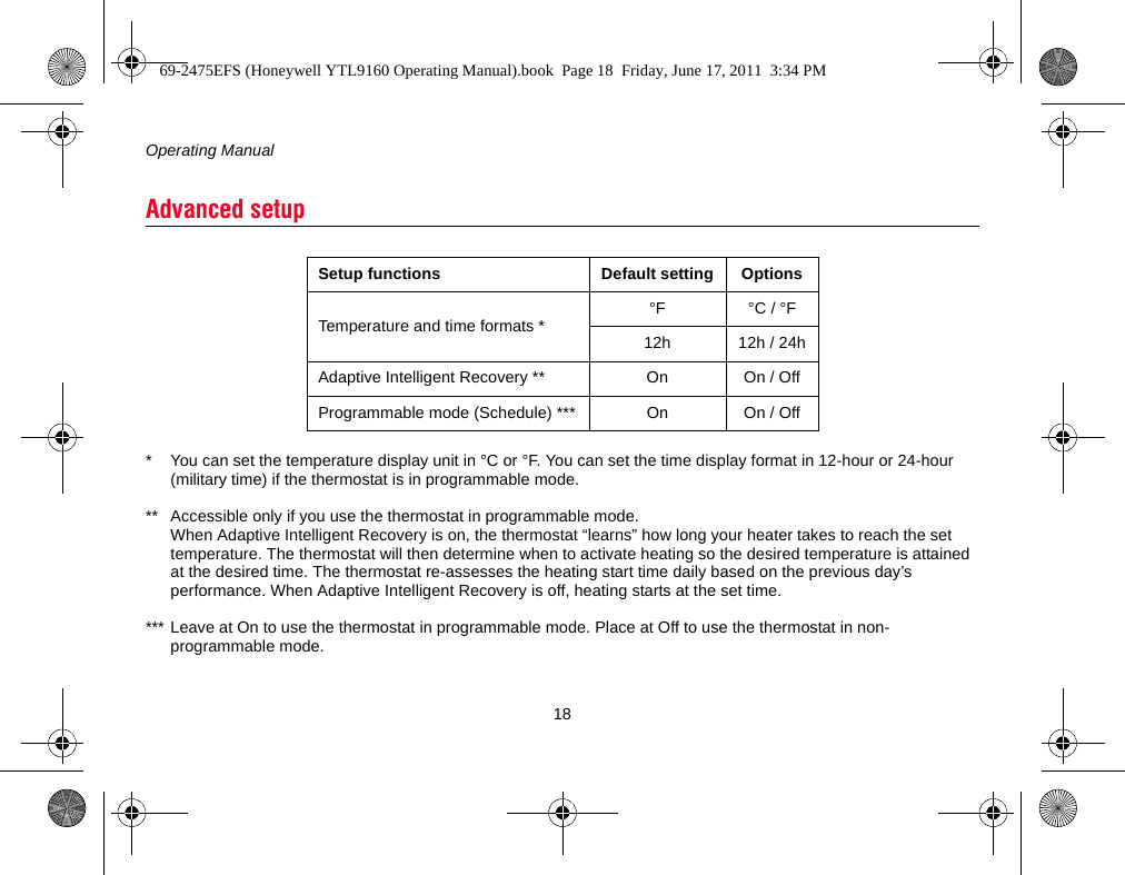 Operating Manual18* You can set the temperature display unit in °C or °F. You can set the time display format in 12-hour or 24-hour (military time) if the thermostat is in programmable mode.** Accessible only if you use the thermostat in programmable mode. When Adaptive Intelligent Recovery is on, the thermostat “learns” how long your heater takes to reach the set temperature. The thermostat will then determine when to activate heating so the desired temperature is attained at the desired time. The thermostat re-assesses the heating start time daily based on the previous day’s performance. When Adaptive Intelligent Recovery is off, heating starts at the set time.*** Leave at On to use the thermostat in programmable mode. Place at Off to use the thermostat in non-programmable mode.Advanced setupSetup functions Default setting OptionsTemperature and time formats * °F °C / °F12h 12h / 24hAdaptive Intelligent Recovery ** On On / OffProgrammable mode (Schedule) *** On On / Off69-2475EFS (Honeywell YTL9160 Operating Manual).book  Page 18  Friday, June 17, 2011  3:34 PM