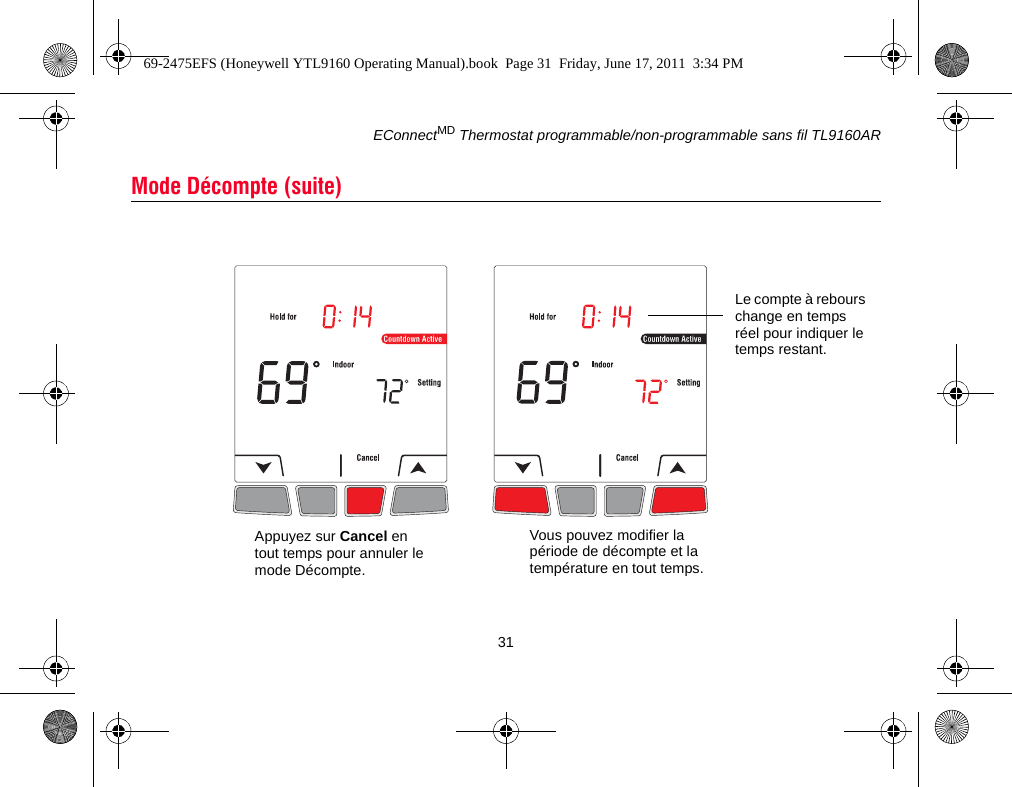 EConnectMD Thermostat programmable/non-programmable sans fil TL9160AR31Mode Décompte (suite)Le compte à rebours change en temps réel pour indiquer le temps restant.Vous pouvez modifier la période de décompte et la température en tout temps.Appuyez sur Cancel en tout temps pour annuler le mode Décompte.69-2475EFS (Honeywell YTL9160 Operating Manual).book  Page 31  Friday, June 17, 2011  3:34 PM