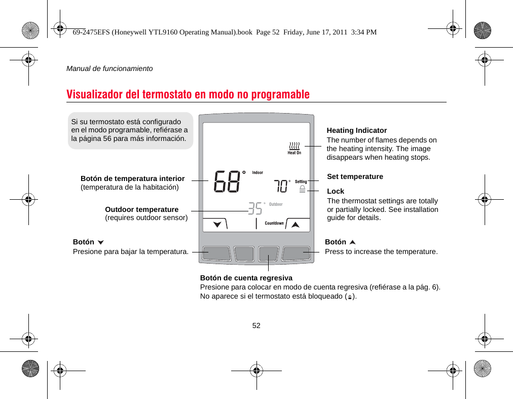 Manual de funcionamiento52Visualizador del termostato en modo no programableBotón de temperatura interior (temperatura de la habitación)Botón Presione para bajar la temperatura.Botón de cuenta regresivaPresione para colocar en modo de cuenta regresiva (refiérase a la pág. 6). No aparece si el termostato está bloqueado ( ).Botón Press to increase the temperature.Set temperatureHeating IndicatorThe number of flames depends on the heating intensity. The image disappears when heating stops.Outdoor temperature (requires outdoor sensor)LockThe thermostat settings are totally or partially locked. See installation guide for details.Si su termostato está configurado en el modo programable, refiérase a la página 56 para más información.69-2475EFS (Honeywell YTL9160 Operating Manual).book  Page 52  Friday, June 17, 2011  3:34 PM