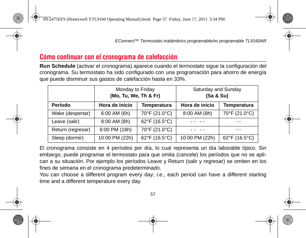EConnect™ Termostato inalámbrico programable/no programable TL9160AR57Run Schedule (activar el cronograma) aparece cuando el termostato sigue la configuración delcronograma. Su termostato ha sido configurado con una programación para ahorro de energíaque puede disminuir sus gastos de calefacción hasta en 33%.El cronograma consiste en 4 períodos por día, lo cual representa un día laborable típico. Sinembargo, puede programar el termostato para que omita (cancele) los períodos que no se apli-can a su situación. Por ejemplo los períodos Leave y Return (salir y regresar) se omiten en losfines de semana en el cronograma predeterminado.You can choose a different program every day; i.e., each period can have a different startingtime and a different temperature every day.Cómo continuar con el cronograma de calefacciónMonday to Friday(Mo, Tu, We, Th &amp; Fr) Saturday and Sunday(Sa &amp; Su)Período  Hora de inicio Temperatura Hora de inicio TemperaturaWake (despertar) 6:00 AM (6h) 70°F (21.0°C) 8:00 AM (8h) 70°F (21.0°C)Leave (salir) 8:00 AM (8h) 62°F (16.5°C) - -   - - - -Return (regresar) 6:00 PM (18h) 70°F (21.0°C) - -   - - - -Sleep (dormir) 10:00 PM (22h) 62°F (16.5°C) 10:00 PM (22h) 62°F (16.5°C)69-2475EFS (Honeywell YTL9160 Operating Manual).book  Page 57  Friday, June 17, 2011  3:34 PM