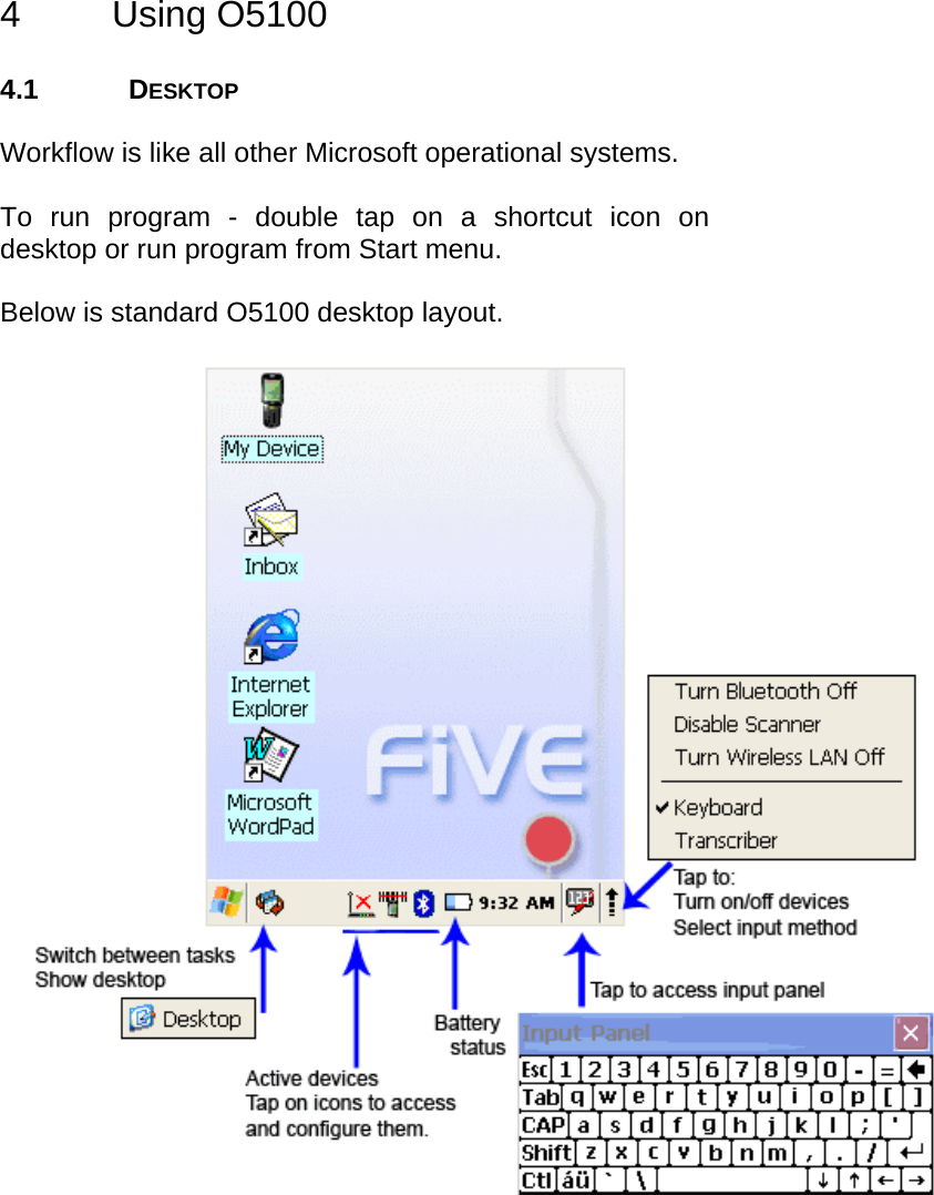 User manual  O5100 © All rights reserved. HONEYWELL     12 4 Using O5100  4.1 DESKTOP  Workflow is like all other Microsoft operational systems.   To run program - double tap on a shortcut icon on desktop or run program from Start menu.  Below is standard O5100 desktop layout.    