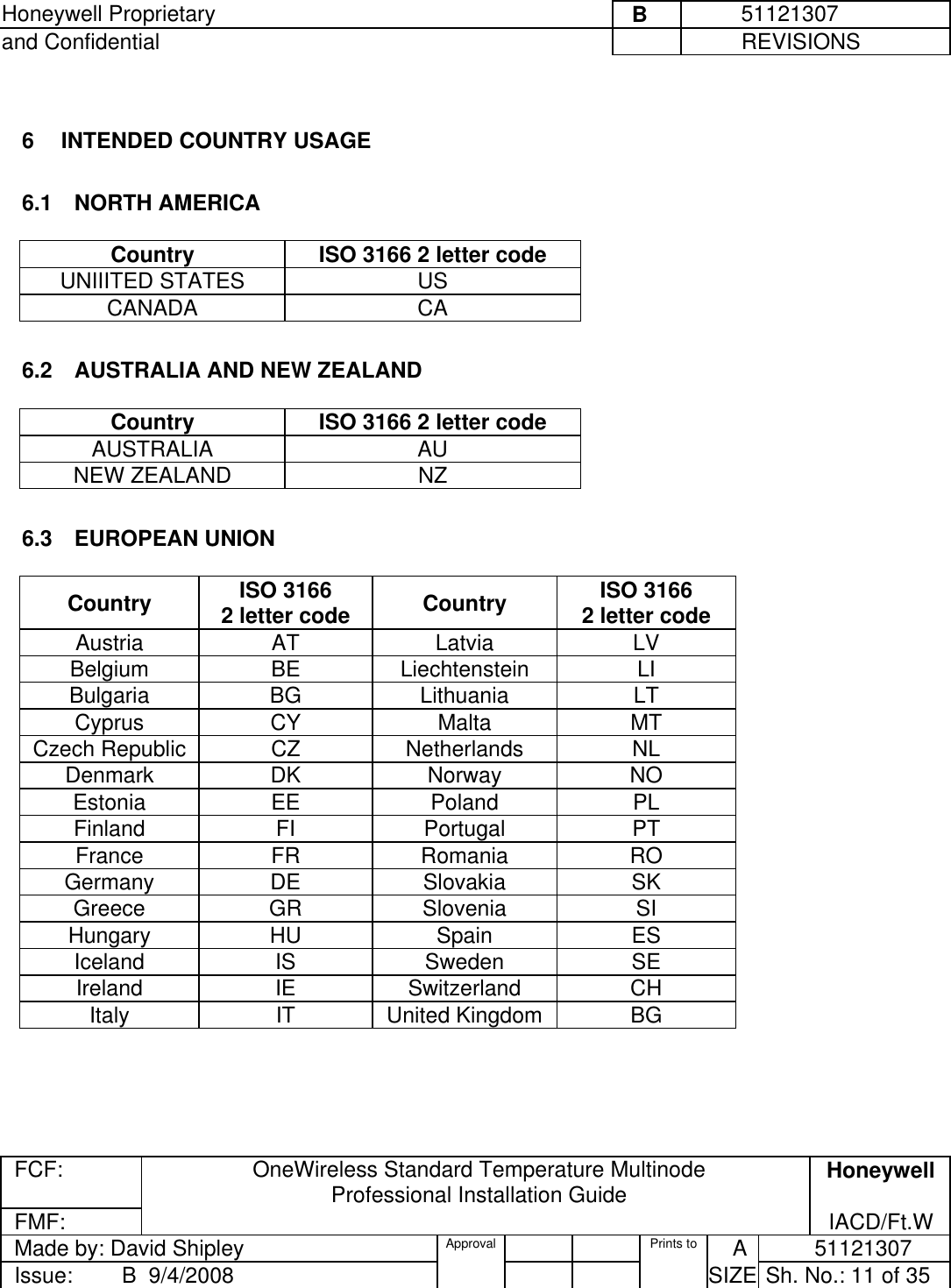 Honeywell Proprietary     B          51121307 and Confidential             REVISIONS  FCF: OneWireless Standard Temperature Multinode  Professional Installation Guide  Honeywell FMF:               IACD/Ft.W Made by: David Shipley  Approval   Prints to     A           51121307 Issue:        B  9/4/2008          SIZE  Sh. No.: 11 of 35   6  INTENDED COUNTRY USAGE  6.1  NORTH AMERICA   Country   ISO 3166 2 letter code UNIIITED STATES  US CANADA CA  6.2  AUSTRALIA AND NEW ZEALAND   Country   ISO 3166 2 letter code AUSTRALIA AU NEW ZEALAND  NZ  6.3  EUROPEAN UNION    Country   ISO 3166  2 letter code  Country   ISO 3166  2 letter code Austria AT  Latvia  LV Belgium BE Liechtenstein LI Bulgaria BG Lithuania  LT Cyprus CY  Malta  MT Czech Republic  CZ  Netherlands  NL Denmark DK  Norway  NO Estonia EE  Poland  PL Finland FI Portugal PT France FR Romania RO Germany DE  Slovakia  SK Greece GR Slovenia  SI Hungary HU  Spain  ES Iceland IS Sweden SE Ireland IE Switzerland CH Italy IT United Kingdom BG 