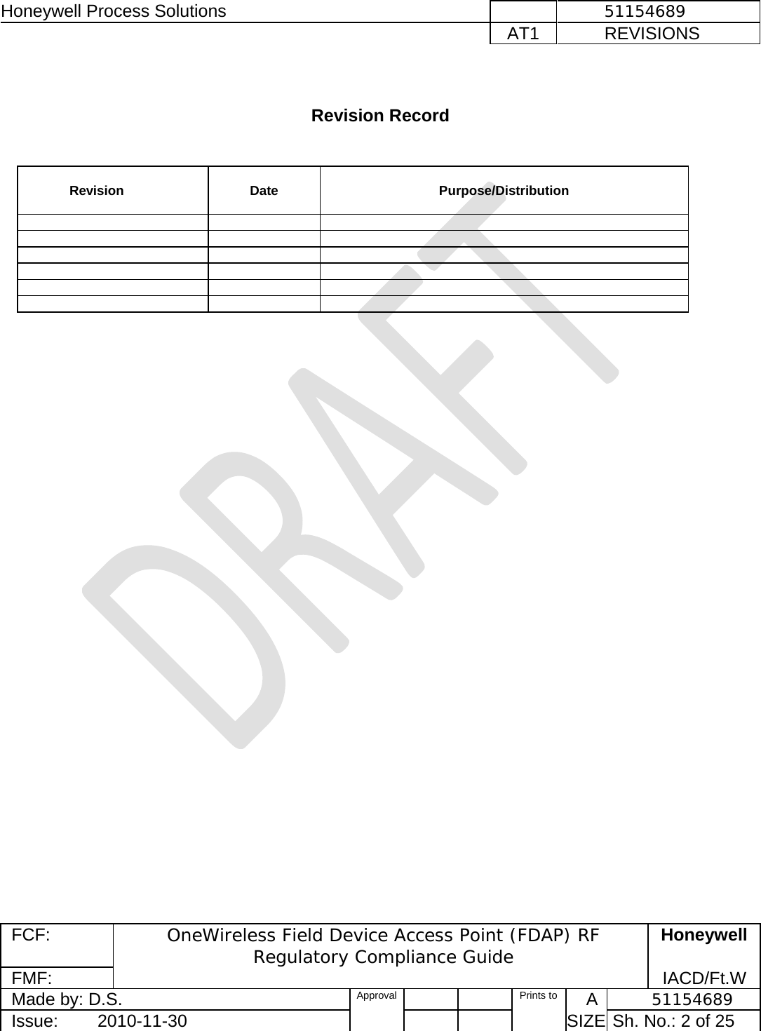 Honeywell Process Solutions              51154689   AT1           REVISIONS  FCF:  OneWireless Field Device Access Point (FDAP) RF Regulatory Compliance Guide Honeywell FMF:               IACD/Ft.W Made by: D.S.   Approval   Prints to     A           51154689 Issue:        2010-11-30          SIZE  Sh. No.: 2 of 25     Revision Record    Revision   Date   Purpose/Distribution                      