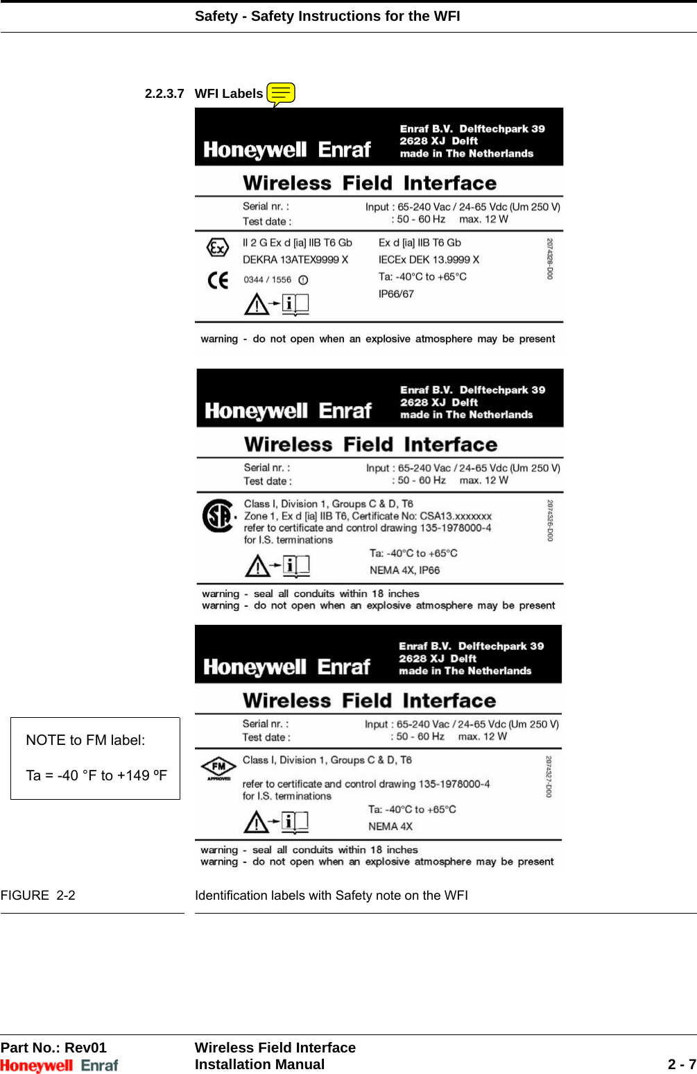 Safety - Safety Instructions for the WFIPart No.: Rev01  Wireless Field InterfaceInstallation Manual 2 - 72.2.3.7 WFI LabelsFIGURE  2-2 Identification labels with Safety note on the WFINOTE to FM label:Ta = -40 °F to +149 ºF