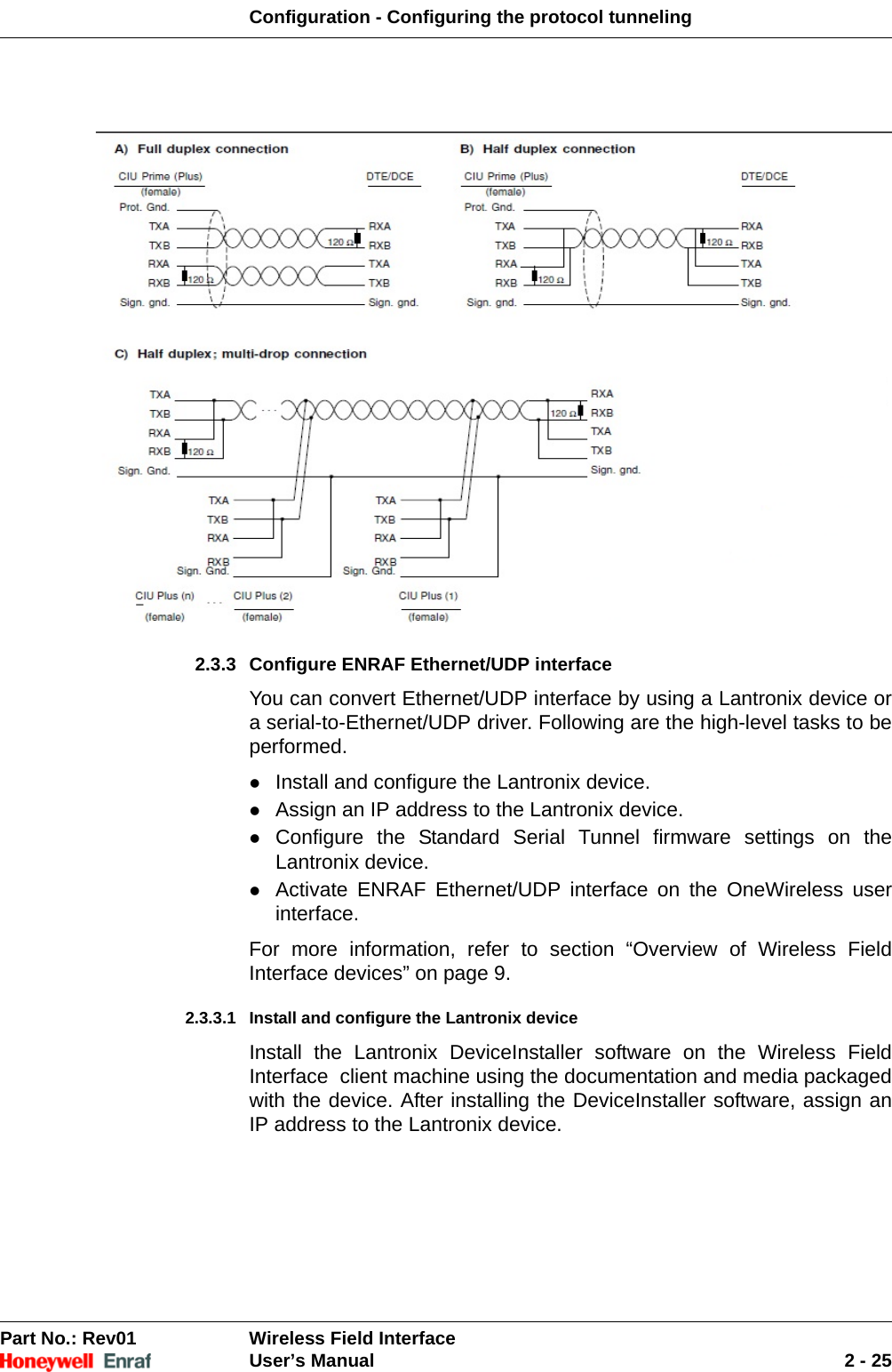 Configuration - Configuring the protocol tunnelingPart No.: Rev01  Wireless Field InterfaceUser’s Manual 2 - 252.3.3 Configure ENRAF Ethernet/UDP interfaceYou can convert Ethernet/UDP interface by using a Lantronix device or a serial-to-Ethernet/UDP driver. Following are the high-level tasks to be performed.Install and configure the Lantronix device. Assign an IP address to the Lantronix device. Configure the Standard Serial Tunnel firmware settings on the Lantronix device. Activate ENRAF Ethernet/UDP interface on the OneWireless user interface. For more information, refer to section “Overview of Wireless Field Interface devices” on page 9.2.3.3.1 Install and configure the Lantronix deviceInstall the Lantronix DeviceInstaller software on the Wireless Field Interface  client machine using the documentation and media packaged with the device. After installing the DeviceInstaller software, assign an IP address to the Lantronix device.