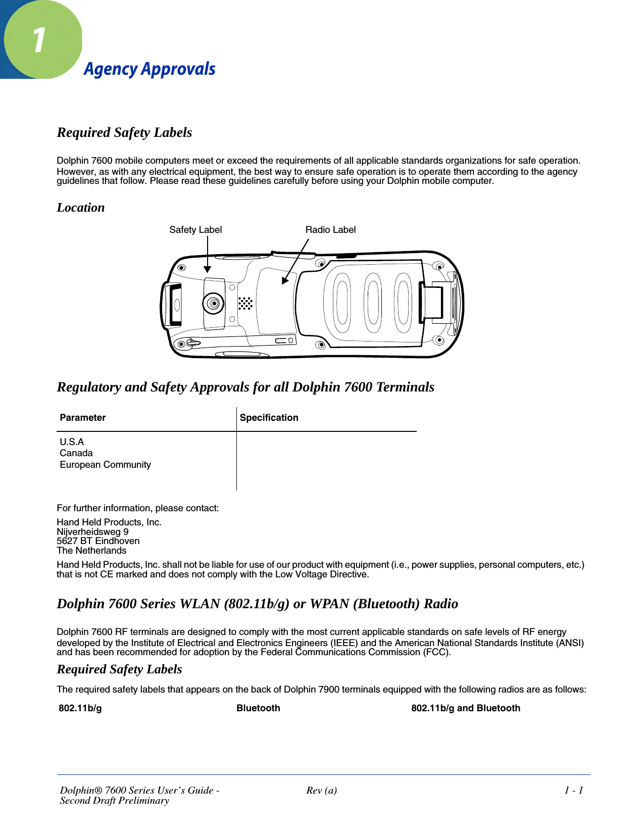 Dolphin® 7600 Series User’s Guide -Second Draft Preliminary Rev (a) 1 - 11Agency ApprovalsRequired Safety LabelsDolphin 7600 mobile computers meet or exceed the requirements of all applicable standards organizations for safe operation. However, as with any electrical equipment, the best way to ensure safe operation is to operate them according to the agency guidelines that follow. Please read these guidelines carefully before using your Dolphin mobile computer.Location Regulatory and Safety Approvals for all Dolphin 7600 Terminals For further information, please contact:Hand Held Products, Inc.Nijverheidsweg 95627 BT EindhovenThe NetherlandsHand Held Products, Inc. shall not be liable for use of our product with equipment (i.e., power supplies, personal computers, etc.) that is not CE marked and does not comply with the Low Voltage Directive.Dolphin 7600 Series WLAN (802.11b/g) or WPAN (Bluetooth) RadioDolphin 7600 RF terminals are designed to comply with the most current applicable standards on safe levels of RF energy developed by the Institute of Electrical and Electronics Engineers (IEEE) and the American National Standards Institute (ANSI) and has been recommended for adoption by the Federal Communications Commission (FCC). Required Safety LabelsThe required safety labels that appears on the back of Dolphin 7900 terminals equipped with the following radios are as follows:Parameter SpecificationU.S.ACanadaEuropean Community802.11b/g Bluetooth 802.11b/g and BluetoothSafety Label Radio Label
