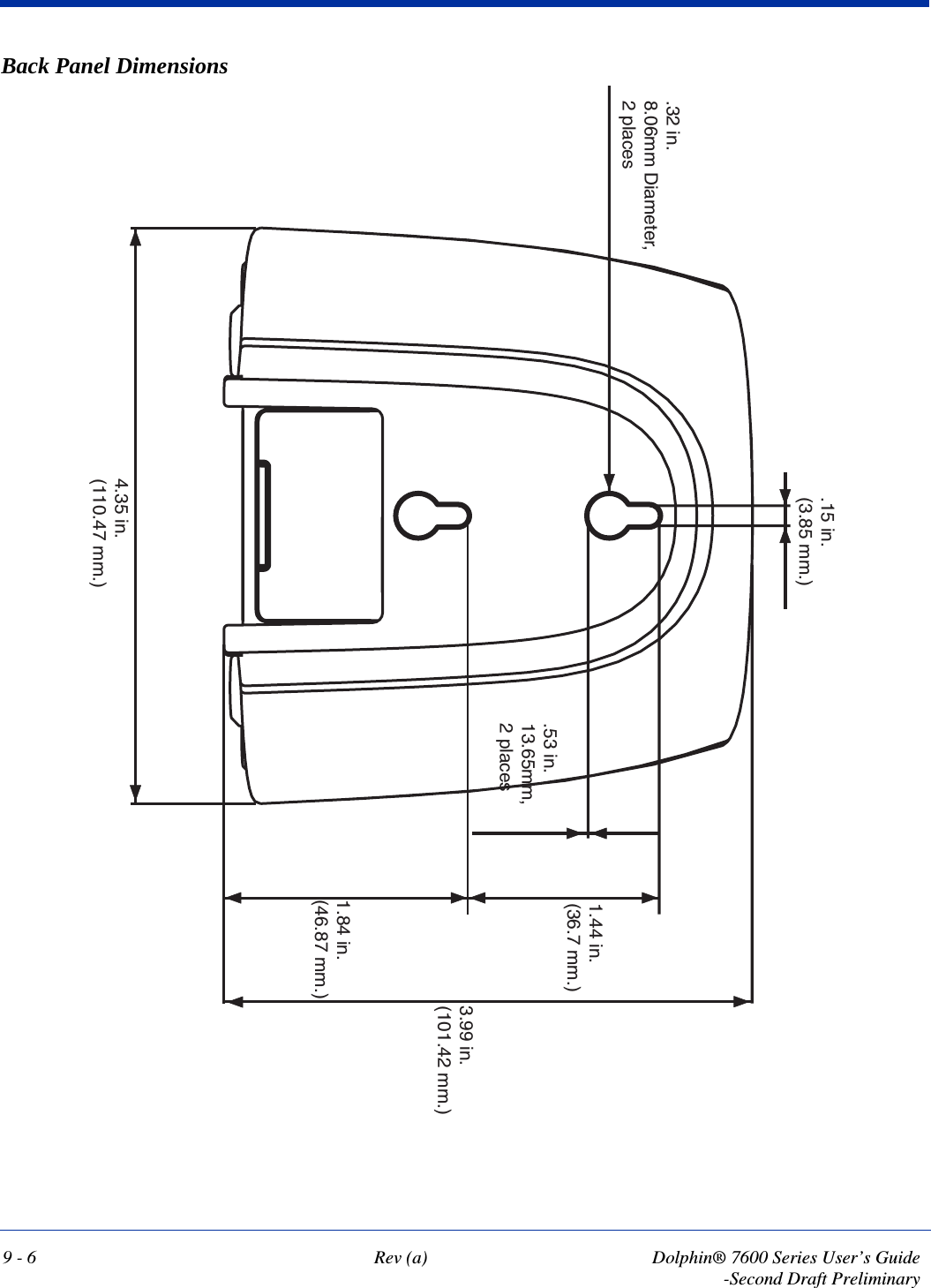 9 - 6 Rev (a) Dolphin® 7600 Series User’s Guide-Second Draft PreliminaryBack Panel Dimensions.15 in.(3.85 mm.)1.44 in.(36.7 mm.)3.99 in.(101.42 mm.)1.84 in.(46.87 mm.)4.35 in.(110.47 mm.).32 in.8.06mm Diameter, 2 places.53 in.13.65mm,2 places