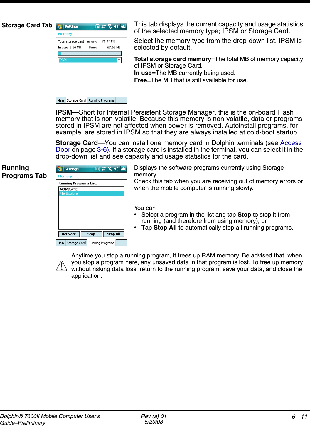 Dolphin® 7600II Mobile Computer User’s Guide–PreliminaryRev (a) 015/29/08 6 - 9ClearType TunerThis system setting enables you to adjust the level ClearType font rendering by moving a slider. The sample text displays the setting results immediately. Of course, you must first enable ClearType font rendering to change the appearance of fonts on the screen; see ClearType Tab on page 6-14.Clock &amp; AlarmsThis setting sets the system clock, which means that all scheduled items run according to this setting. The time and date need to be reset after every hard reset of the terminal so that the system clock is accurate.On the Today screen, tap the line that displays the time and date,The Clock Settings screen appears. The selected time sets the system clock.EncryptionEncryption gives you the option of encrypting files placed on storage cards to that those files cannot be read by any other device.Error ReportingError Reporting gives you the option of enabling or disabling the error reporting function of Windows Mobile 6.