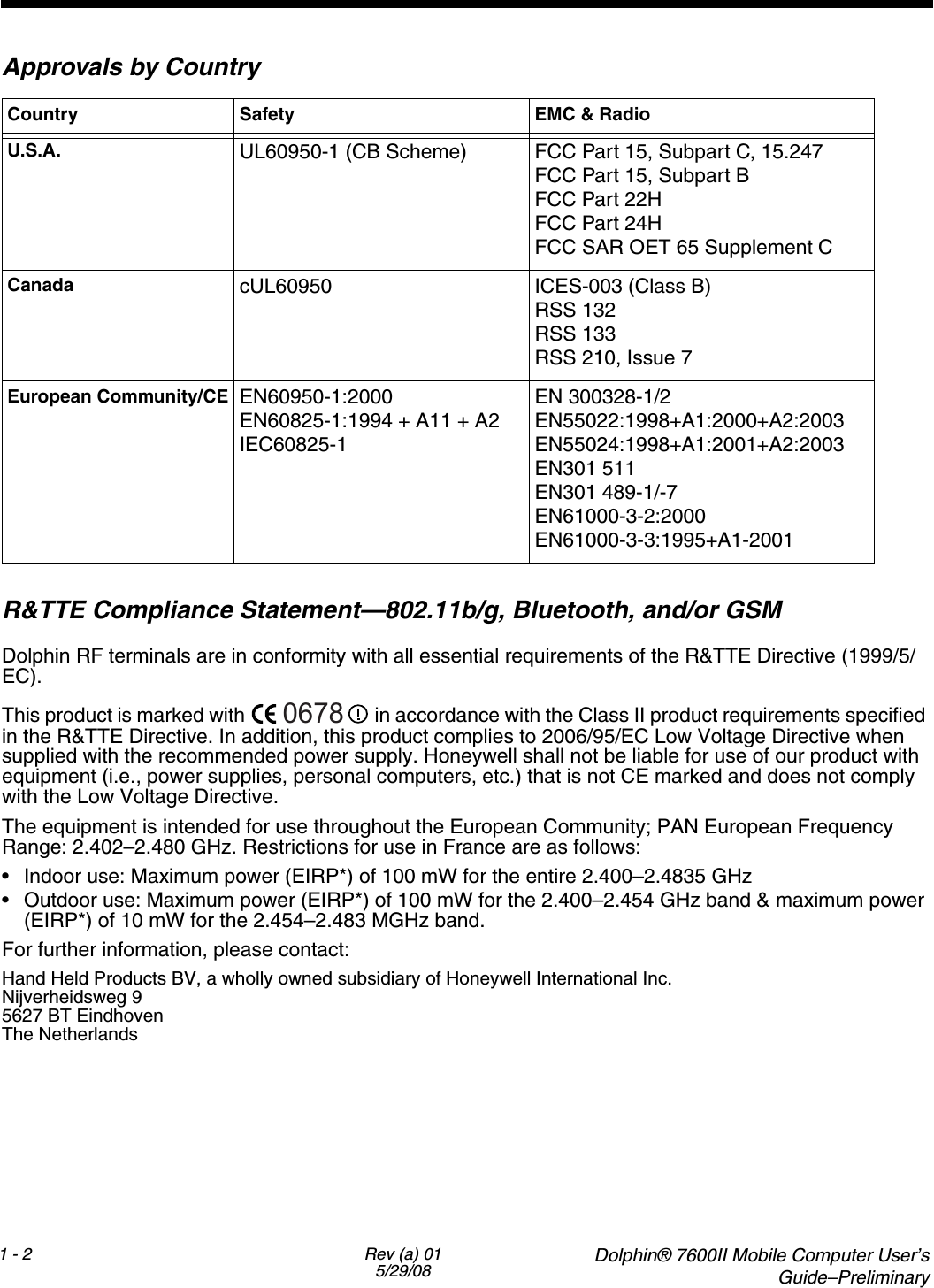 1 - 2 Rev (a) 015/29/08  Dolphin® 7600II Mobile Computer User’sGuide–PreliminaryApprovals by Country R&amp;TTE Compliance Statement—802.11b/g, Bluetooth, and/or GSMDolphin RF terminals are in conformity with all essential requirements of the R&amp;TTE Directive (1999/5/EC). This product is marked with   in accordance with the Class II product requirements specified in the R&amp;TTE Directive. In addition, this product complies to 2006/95/EC Low Voltage Directive when supplied with the recommended power supply. Honeywell shall not be liable for use of our product with equipment (i.e., power supplies, personal computers, etc.) that is not CE marked and does not comply with the Low Voltage Directive.The equipment is intended for use throughout the European Community; PAN European Frequency Range: 2.402–2.480 GHz. Restrictions for use in France are as follows: • Indoor use: Maximum power (EIRP*) of 100 mW for the entire 2.400–2.4835 GHz • Outdoor use: Maximum power (EIRP*) of 100 mW for the 2.400–2.454 GHz band &amp; maximum power (EIRP*) of 10 mW for the 2.454–2.483 MGHz band.For further information, please contact:Hand Held Products BV, a wholly owned subsidiary of Honeywell International Inc.Nijverheidsweg 95627 BT EindhovenThe NetherlandsCountry Safety EMC &amp; RadioU.S.A. UL60950-1 (CB Scheme) FCC Part 15, Subpart C, 15.247FCC Part 15, Subpart BFCC Part 22HFCC Part 24HFCC SAR OET 65 Supplement CCanada cUL60950 ICES-003 (Class B)RSS 132RSS 133RSS 210, Issue 7European Community/CE EN60950-1:2000EN60825-1:1994 + A11 + A2IEC60825-1EN 300328-1/2EN55022:1998+A1:2000+A2:2003EN55024:1998+A1:2001+A2:2003EN301 511EN301 489-1/-7EN61000-3-2:2000EN61000-3-3:1995+A1-20010678